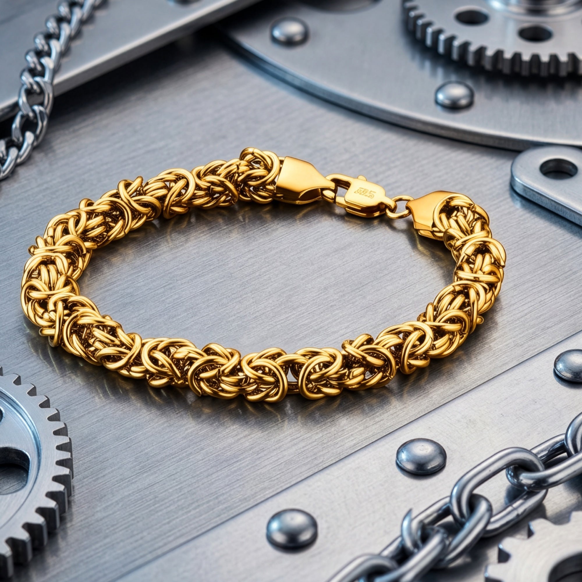 Byzantine chain men's gold steel bracelet on metal bench.