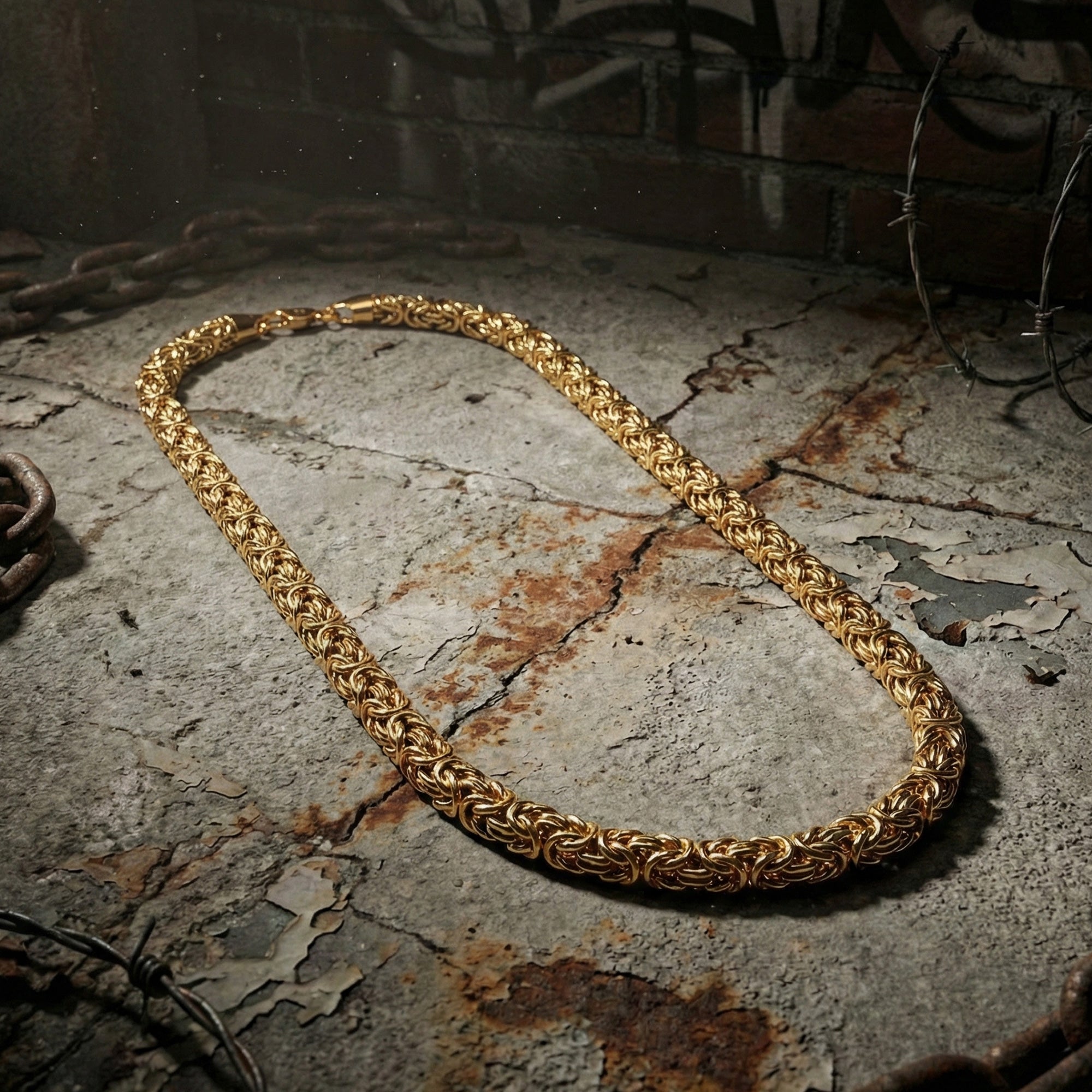 Save Brave Byzantine Chain Gold Steel Necklace On Concrete In Warehouse