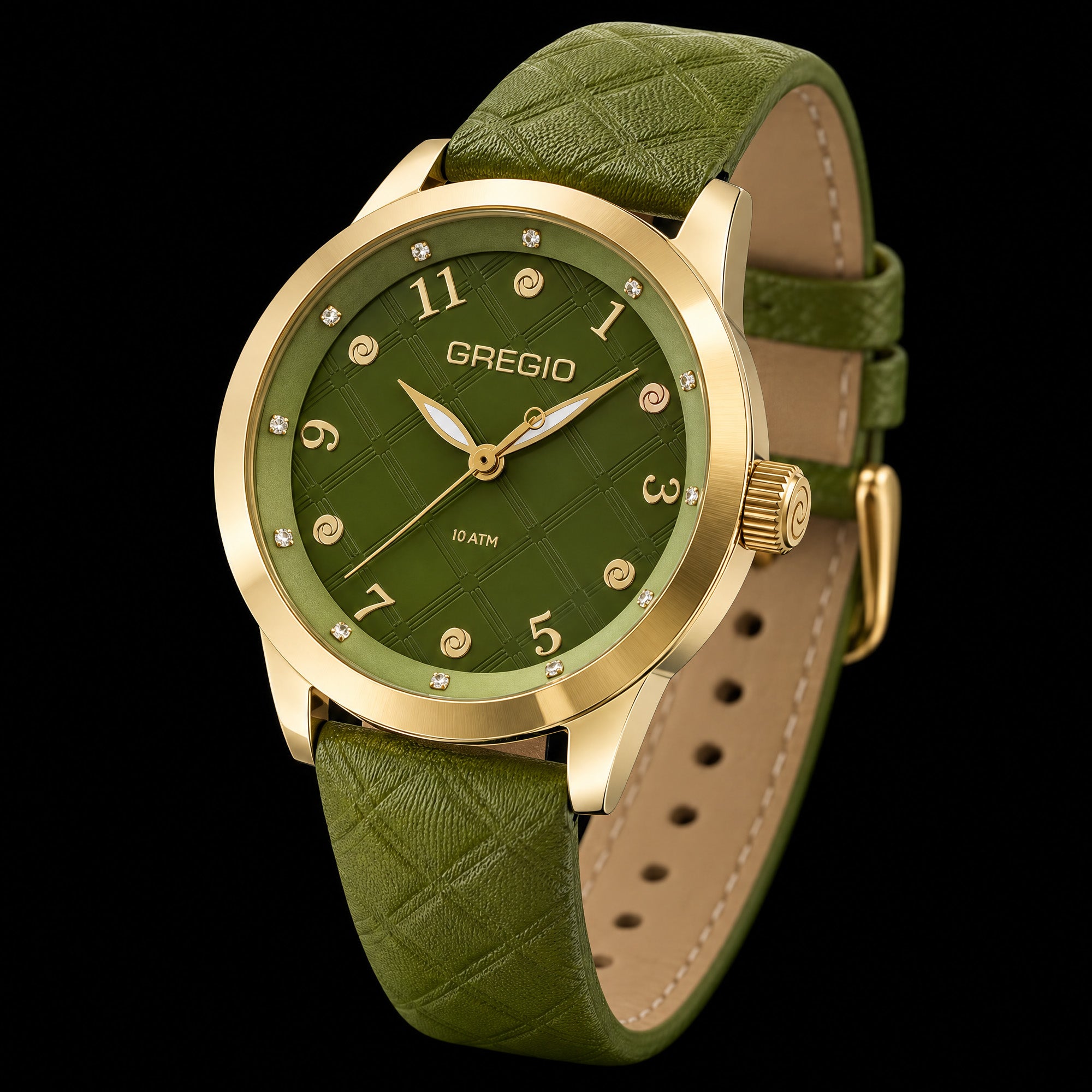Side tilt view of Gregio Porto Grace olive green watch.