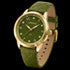 Side tilt view of Gregio Porto Grace olive green watch.
