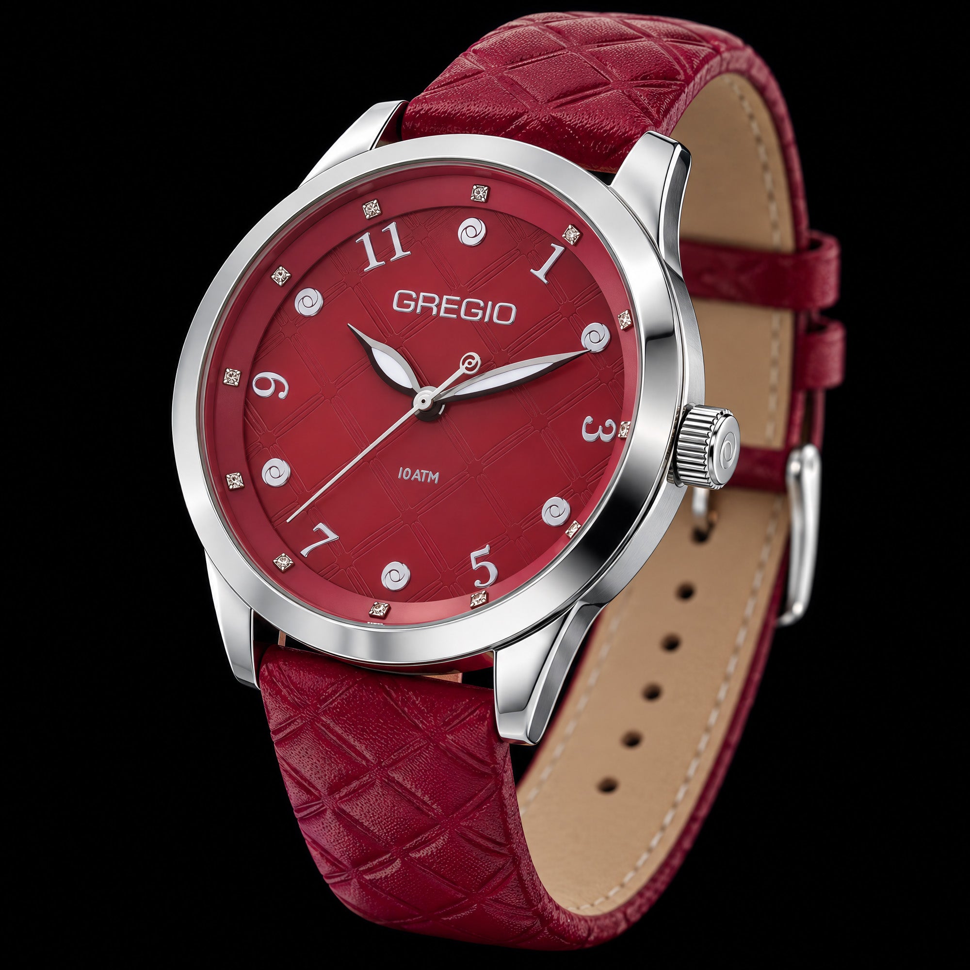Side tilt view of Gregio Porto Grace marsala watch.