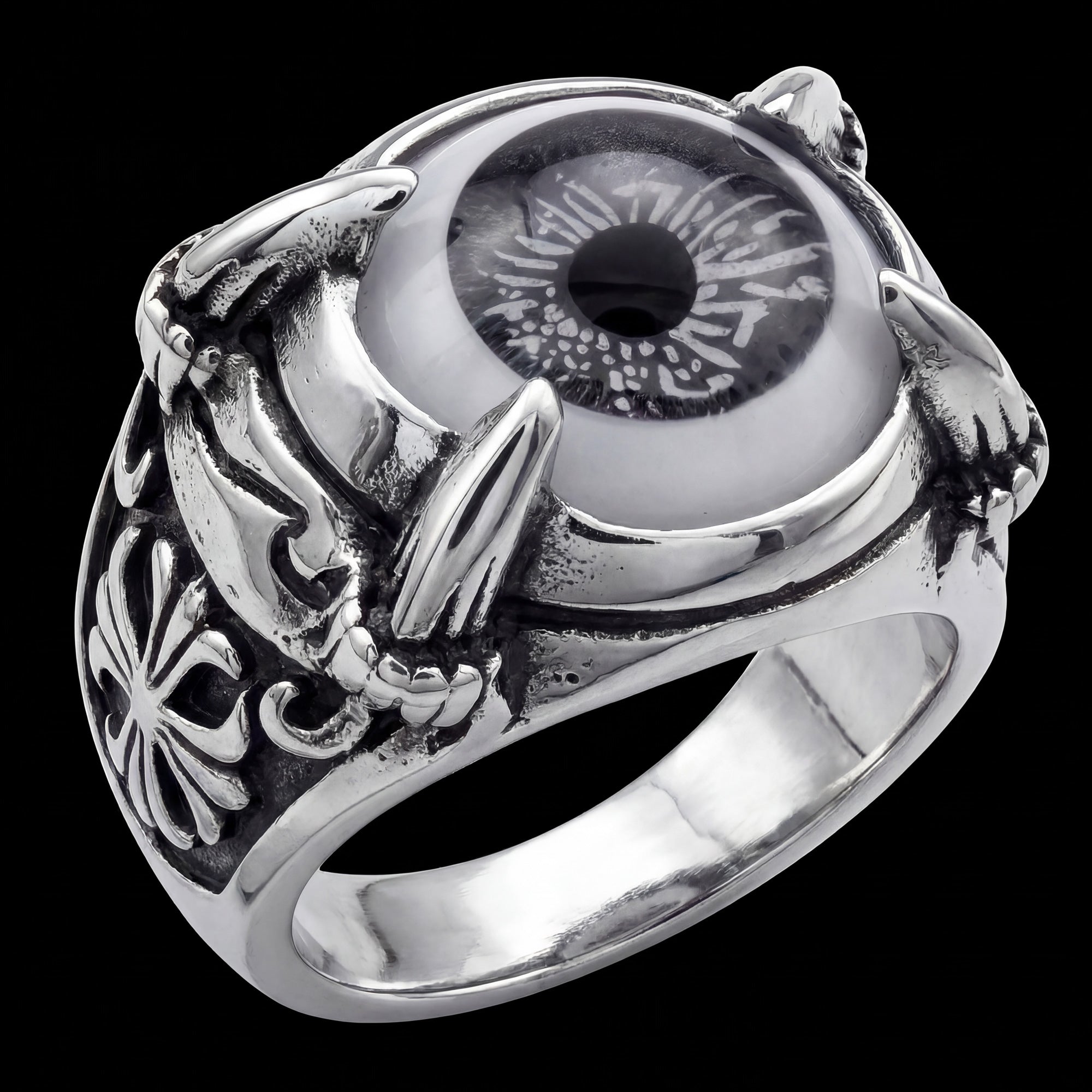 Grey eyeball dragon claw stainless steel men's ring.
