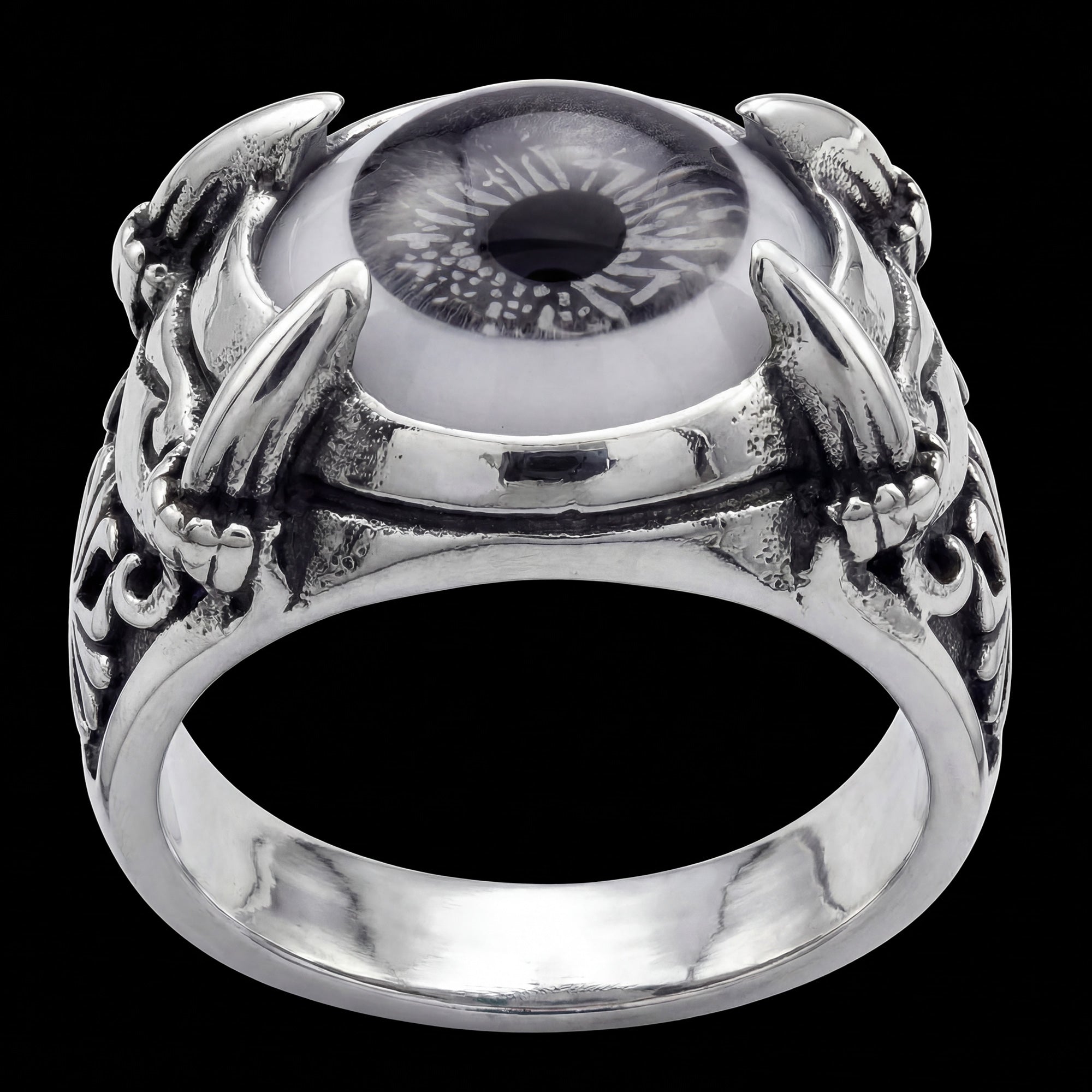 Side view of grey eyeball dragon claw stainless steel men's ring.