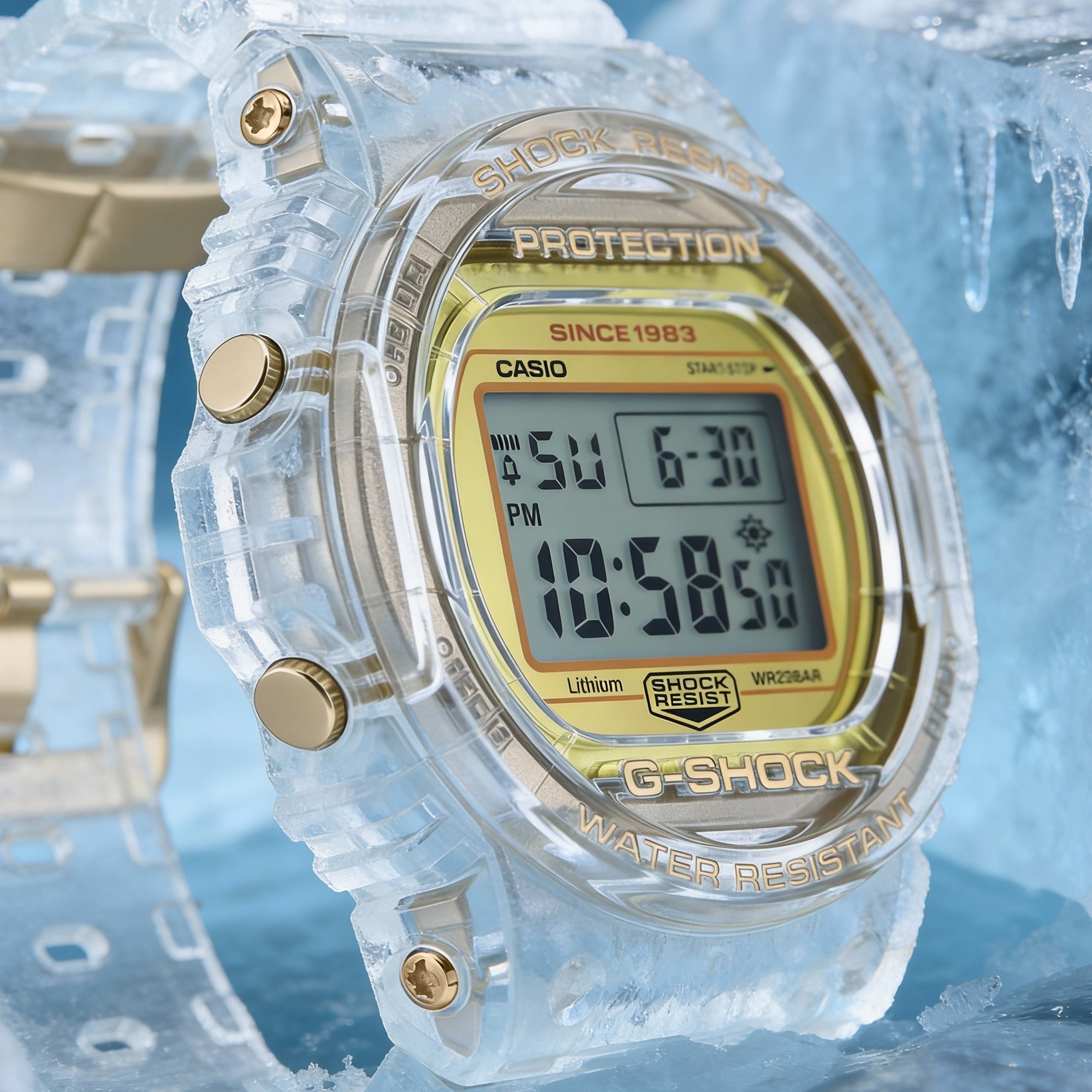 Side view of a G-Shock DW5735E-7D Glacier Gold round limited edition watch in a blue ice setting.