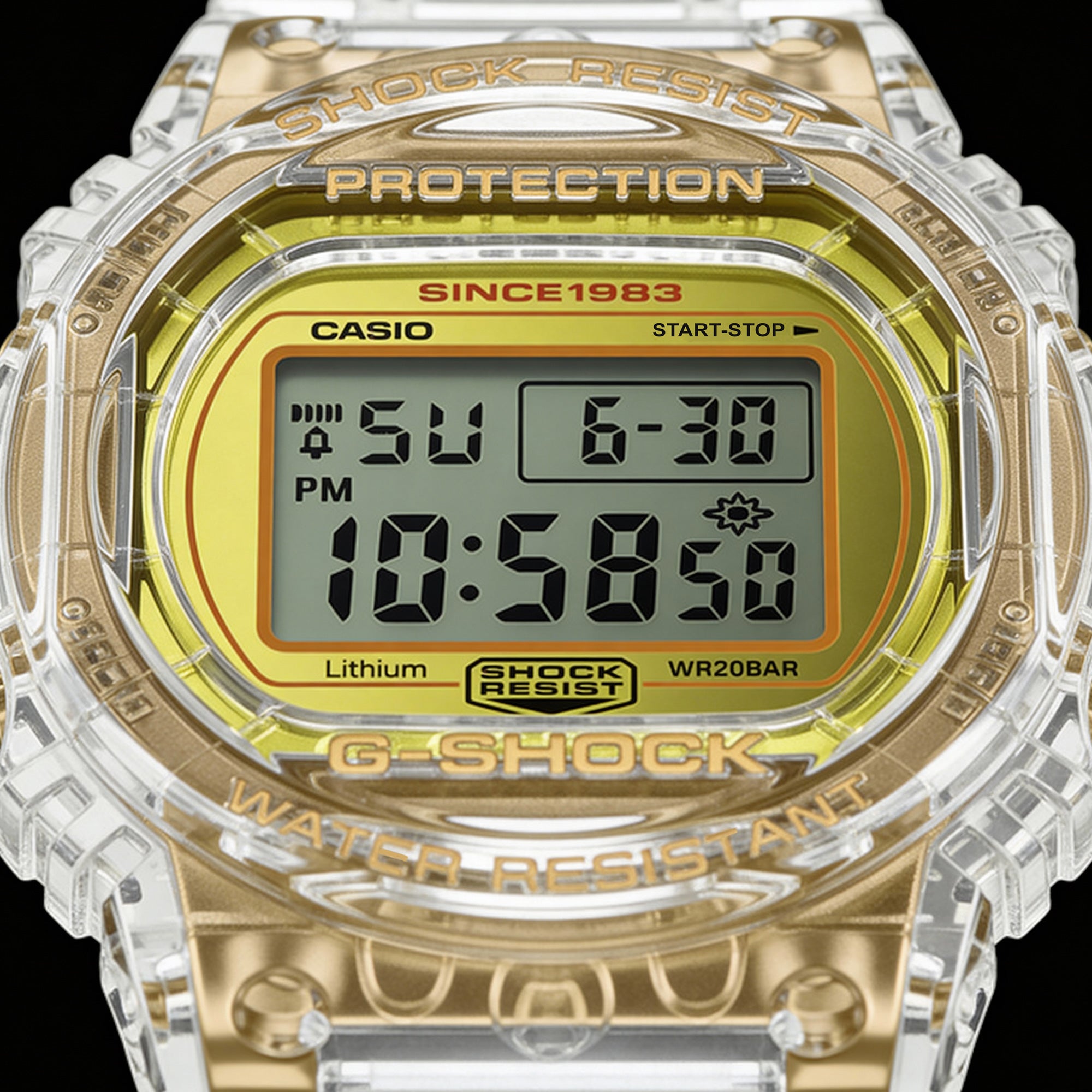 Close-up of G-Shock DW5735E-7D Glacier Gold round limited edition watch face.