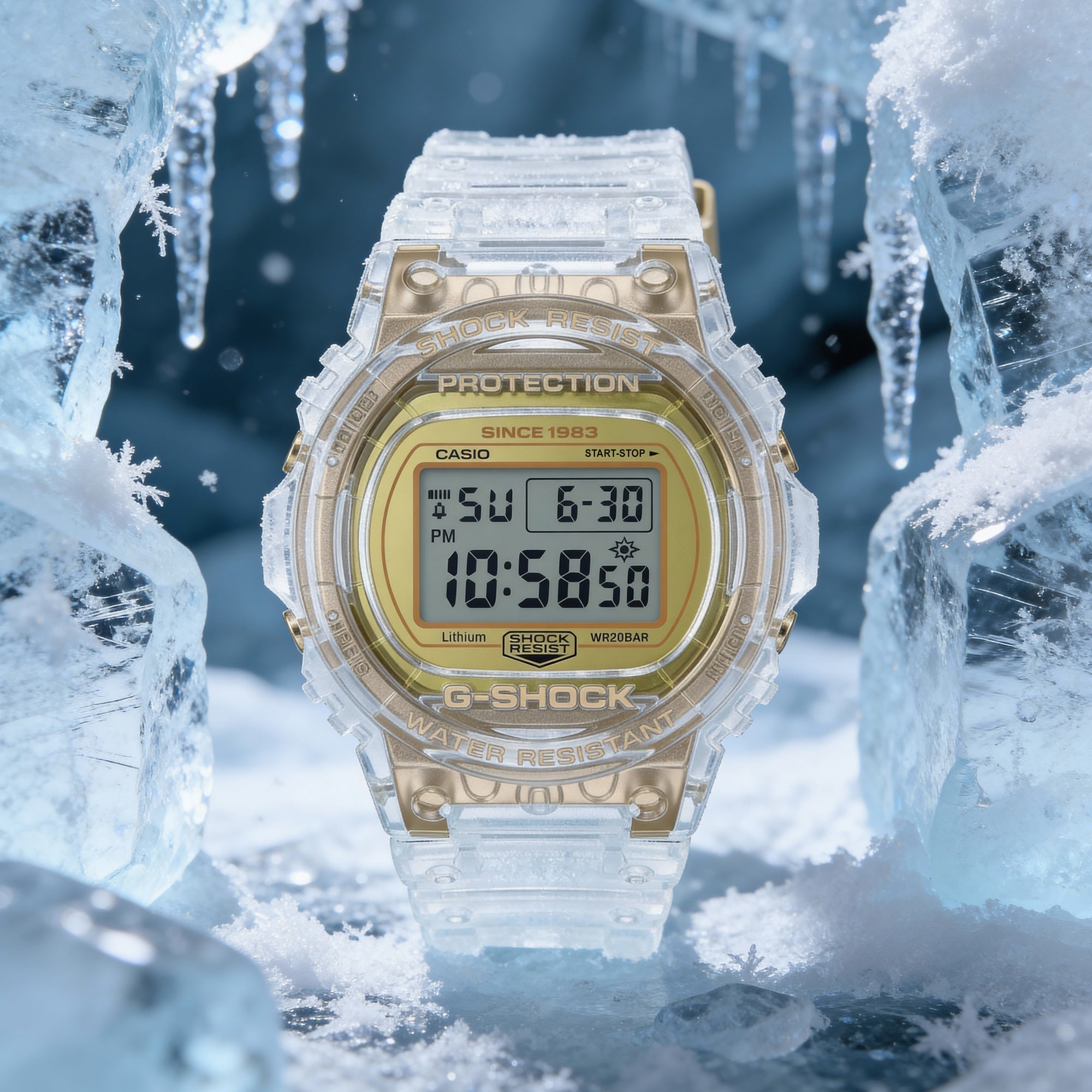 G-Shock DW5735E-7D Glacier Gold round limited watch in an  ice cavern.