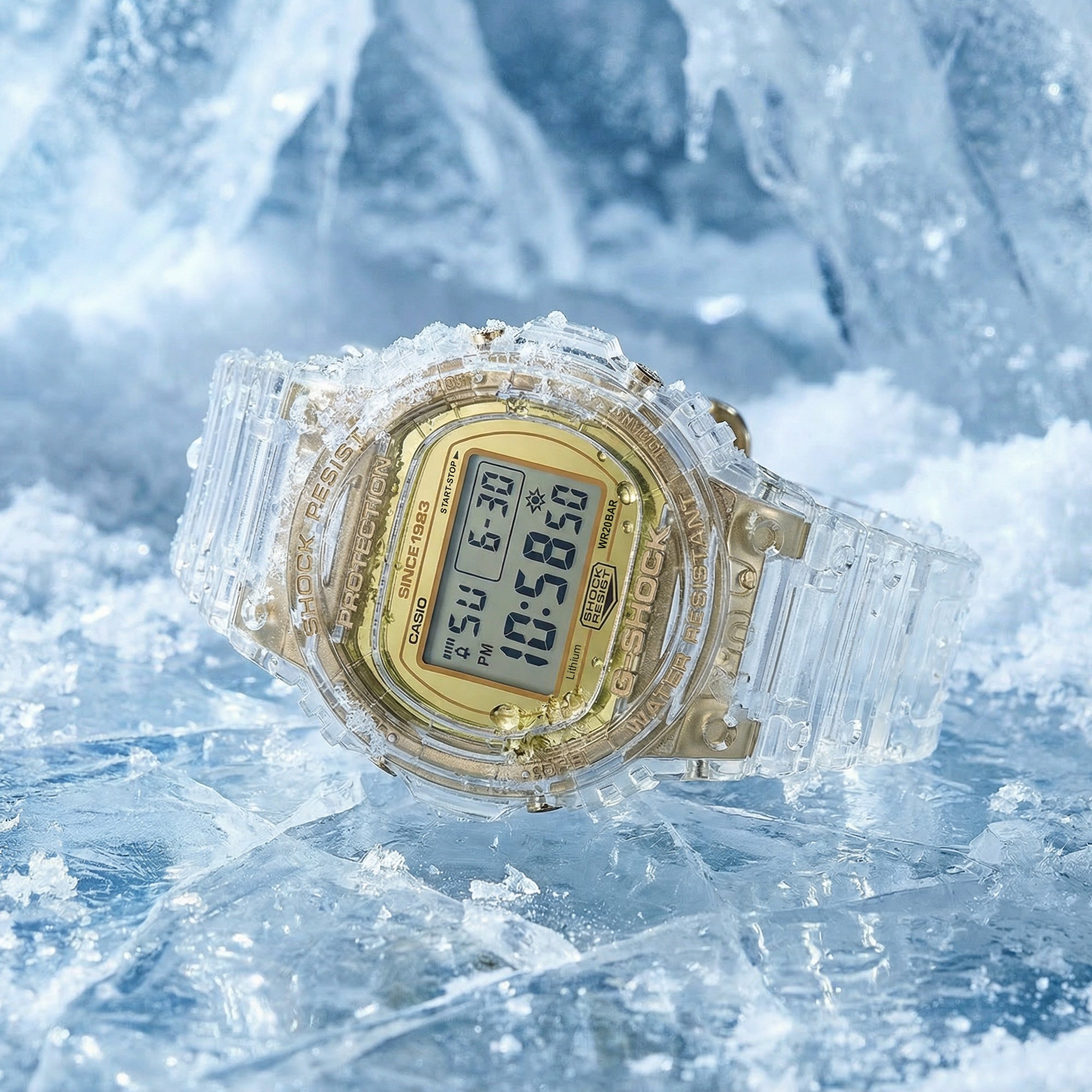 G-Shock DW5735E-7D Glacier Gold round limited edition watch laying on cracked ice.