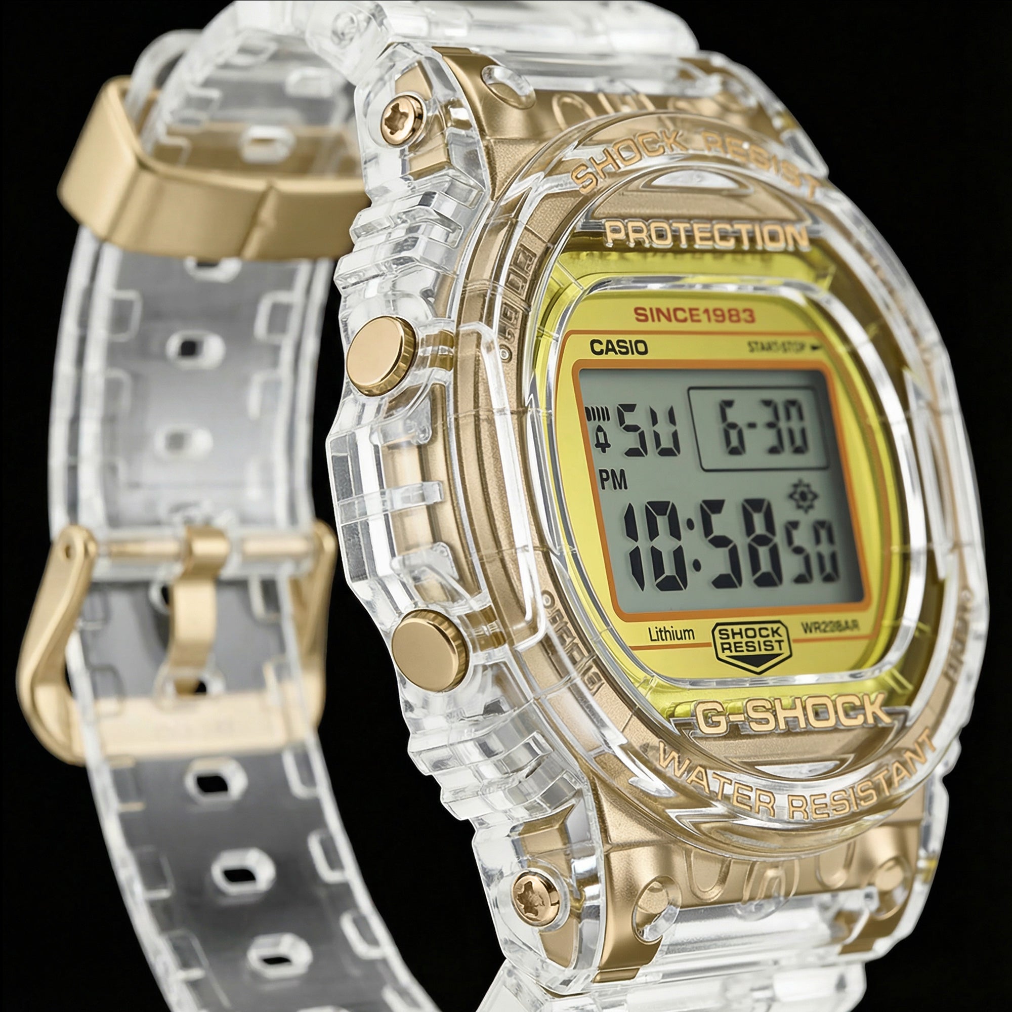 Left hand side tilt view of G-Shock DW5735E-7D Glacier Gold round limited edition watch.