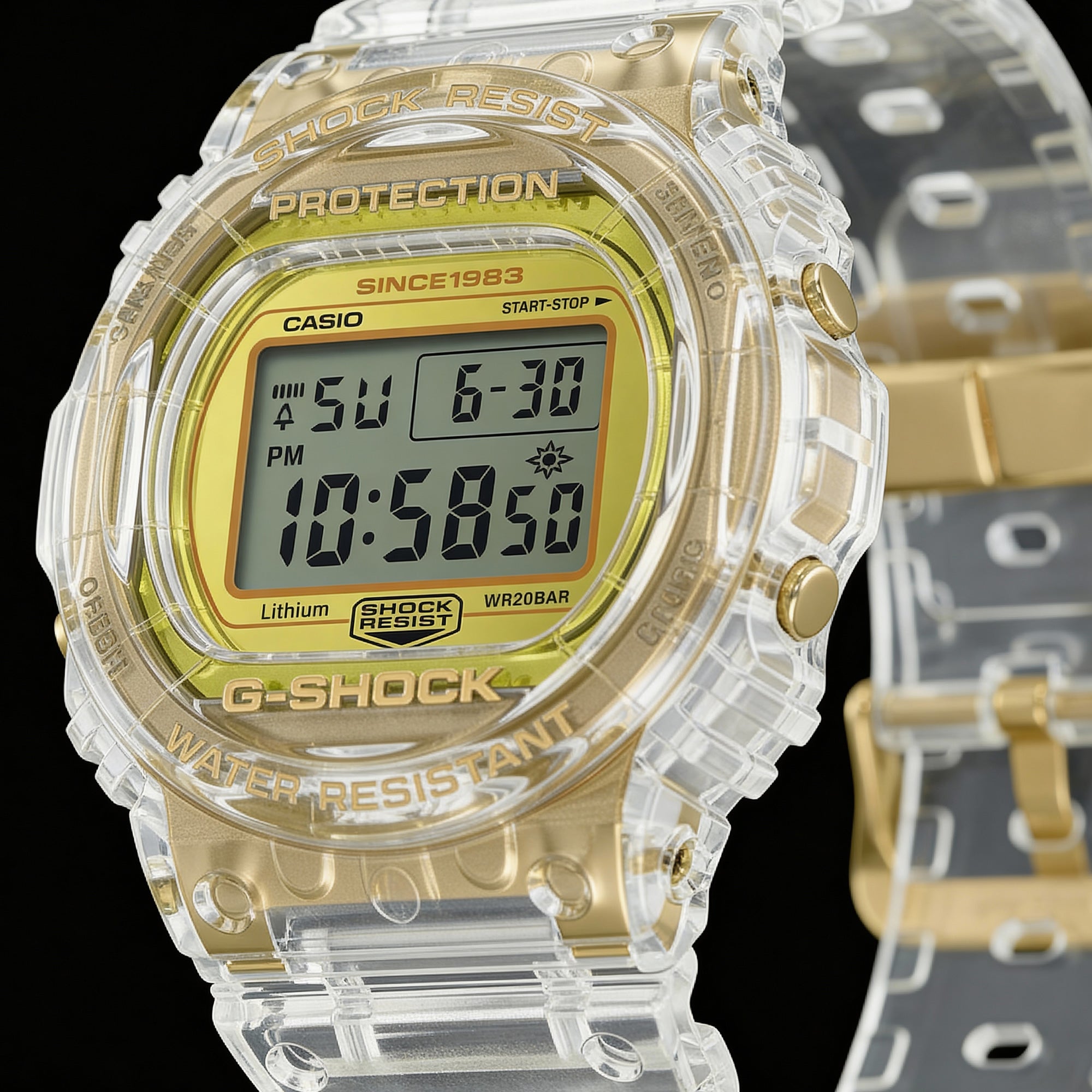 Tilted close-up angle of a G-Shock DW5735E-7D Glacier Gold round limited edition watch.
