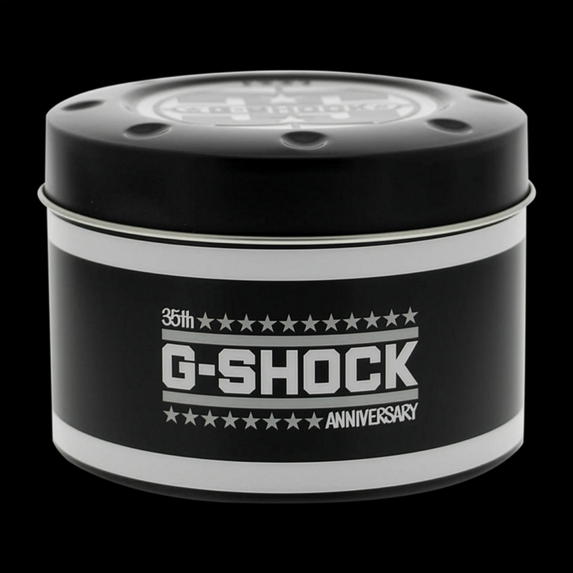 G-Shock DW5735E-7D Glacier Gold round 35th anniversary limited edition watch tin packaging.