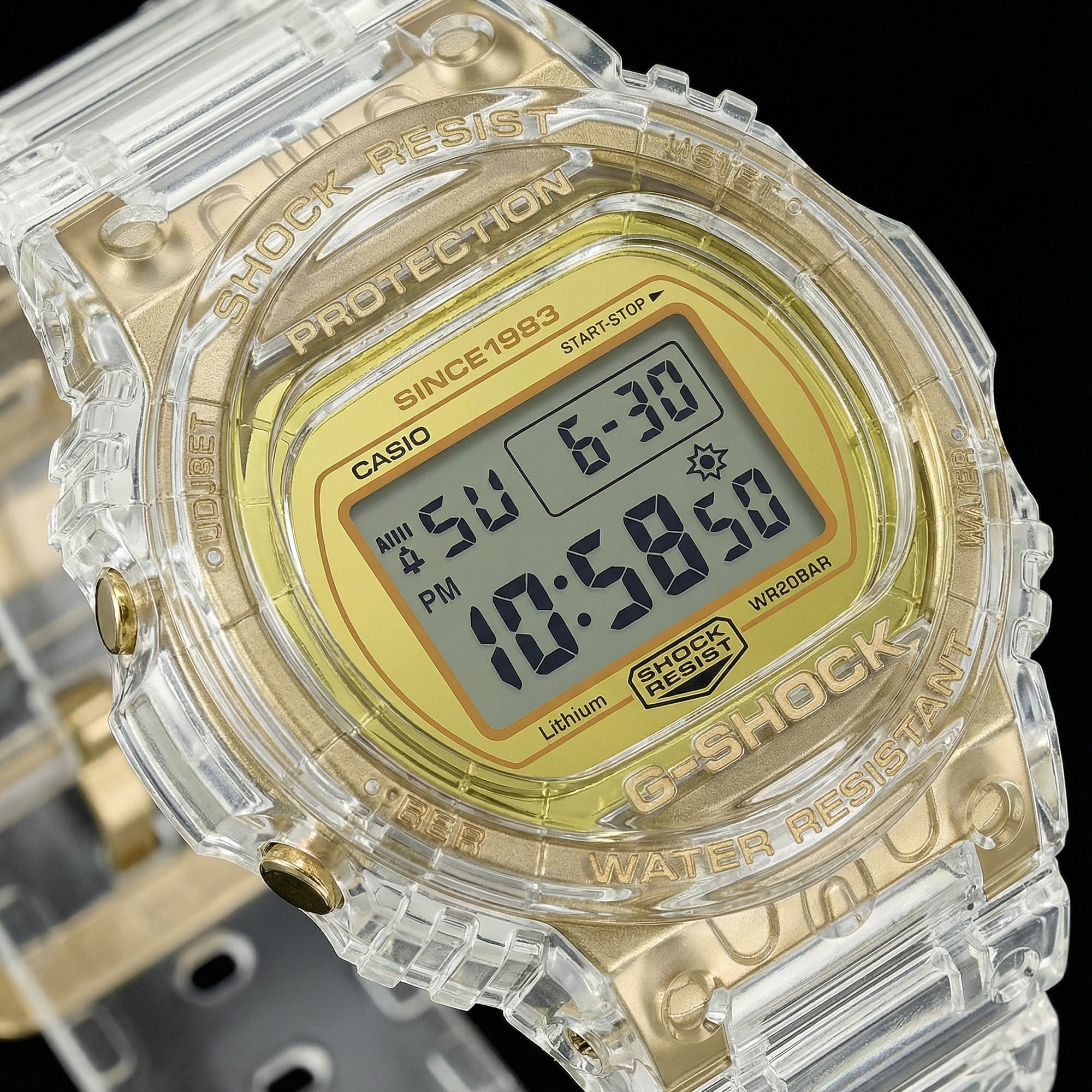 Top down tilt view of a G-Shock DW5735E-7D Glacier Gold round limited edition watch.