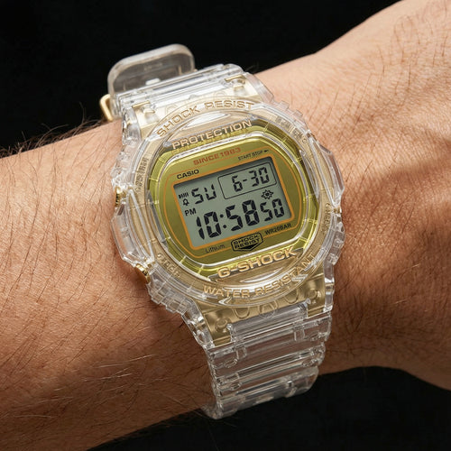 Man wearing a G-Shock DW5735E-7D Glacier Gold round limited edition watch on his wrist.