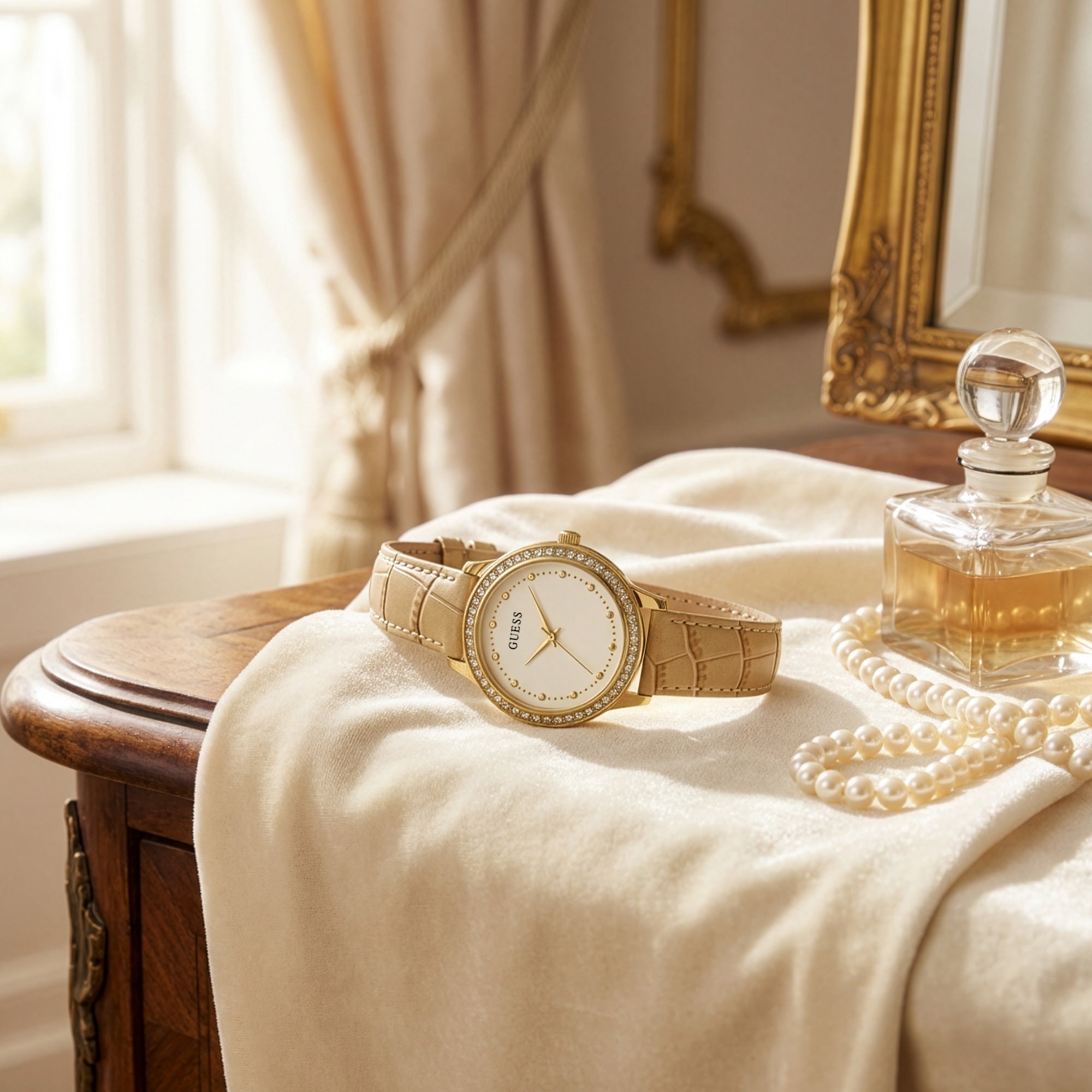 Guess Chelsea gold ladies leather dress watch on a dressing table with pearls and perfume.