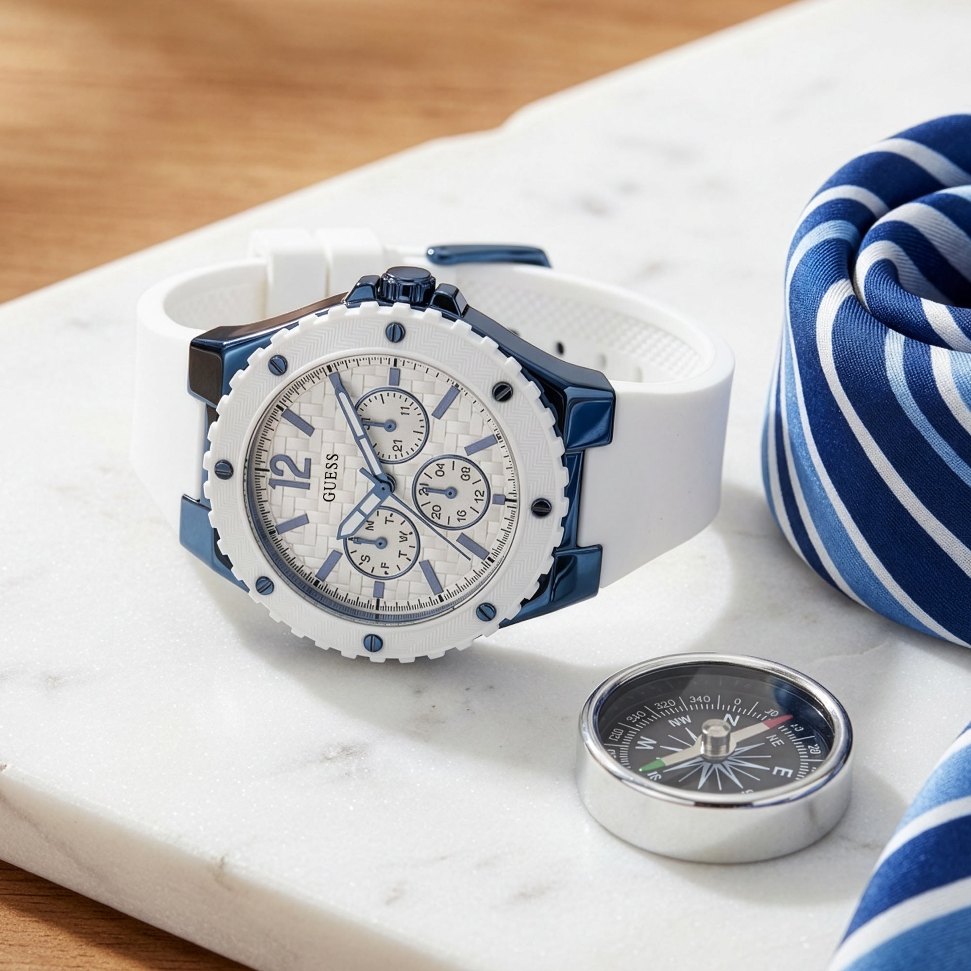 Guess Overdrive sky blue ladies sport watch in nautical setting.