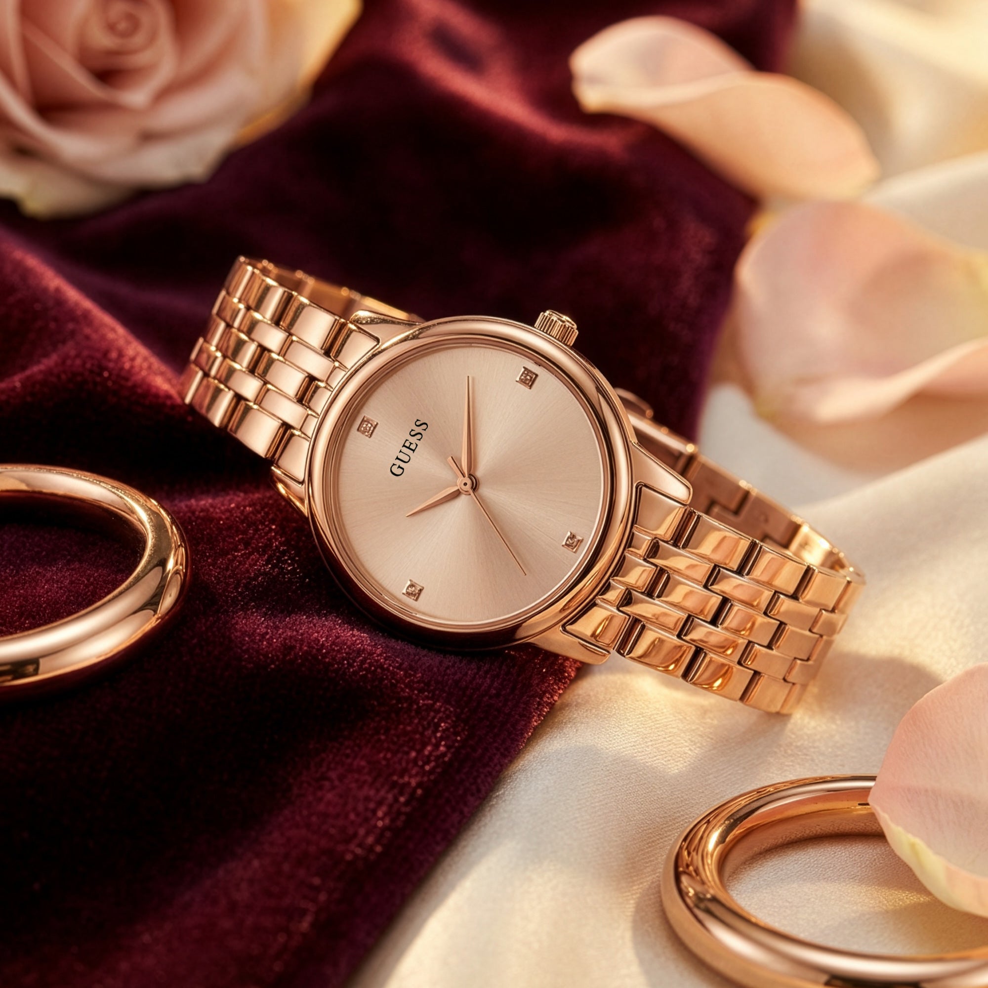 Guess Lady Wafer rose gold dress watch on red fabric with roses.