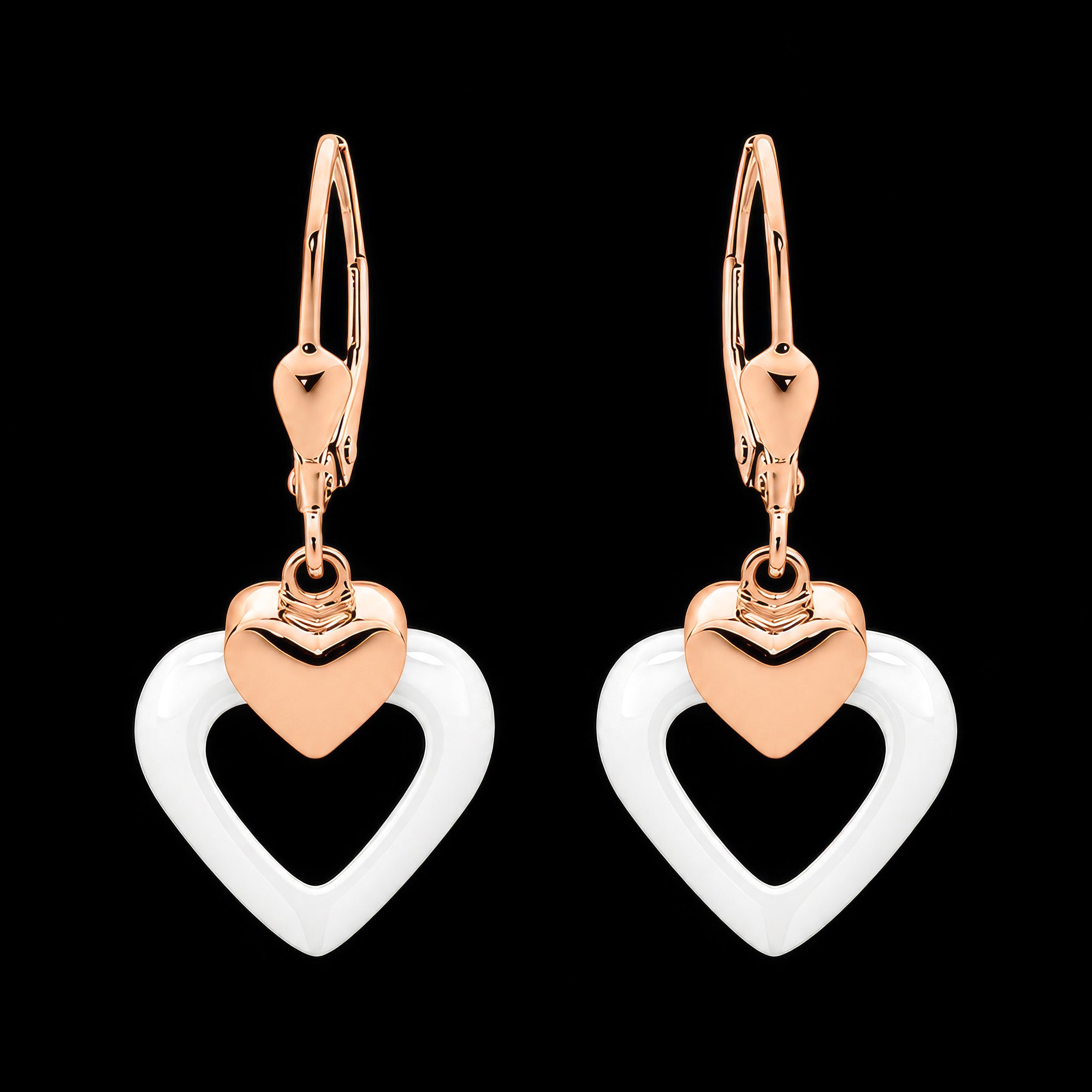 Sterling Silver Rose Gold White Ceramic Heart Earrings
