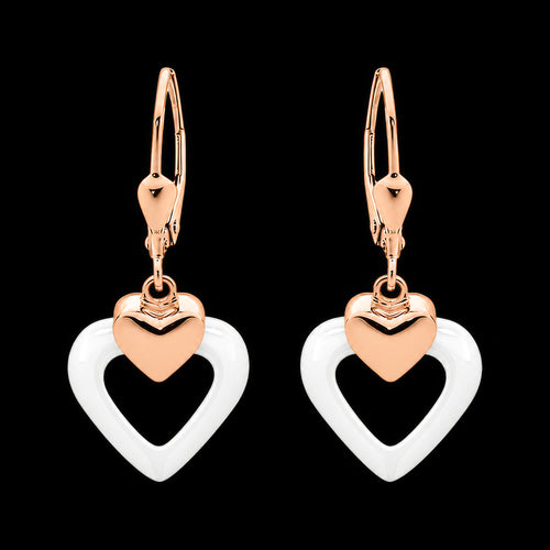 Sterling Silver Rose Gold White Ceramic Heart Earrings