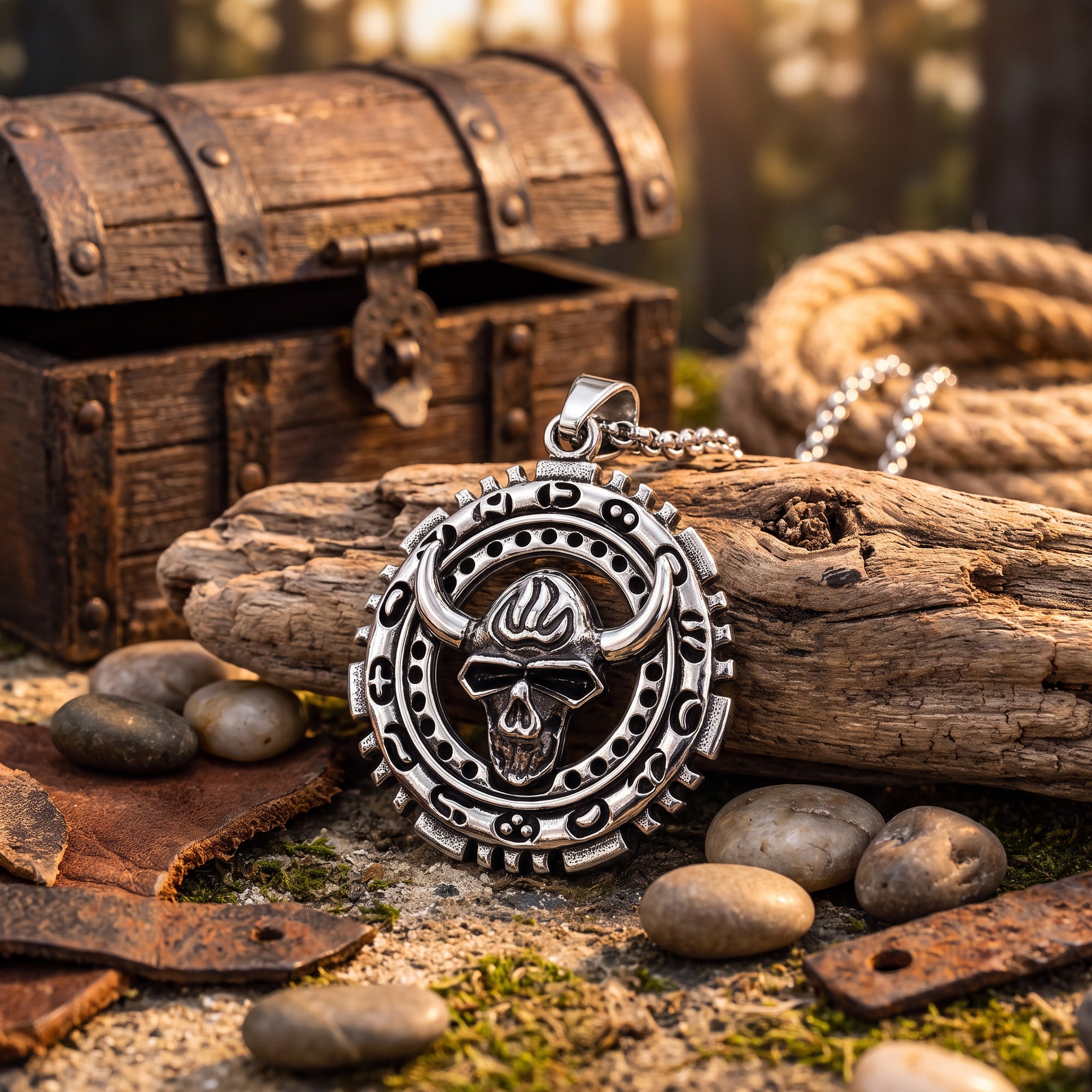 A horned skull stainless steel medallion necklace in an outdoor setting leaning on a piece of driftwood with a wooden chest in the background.