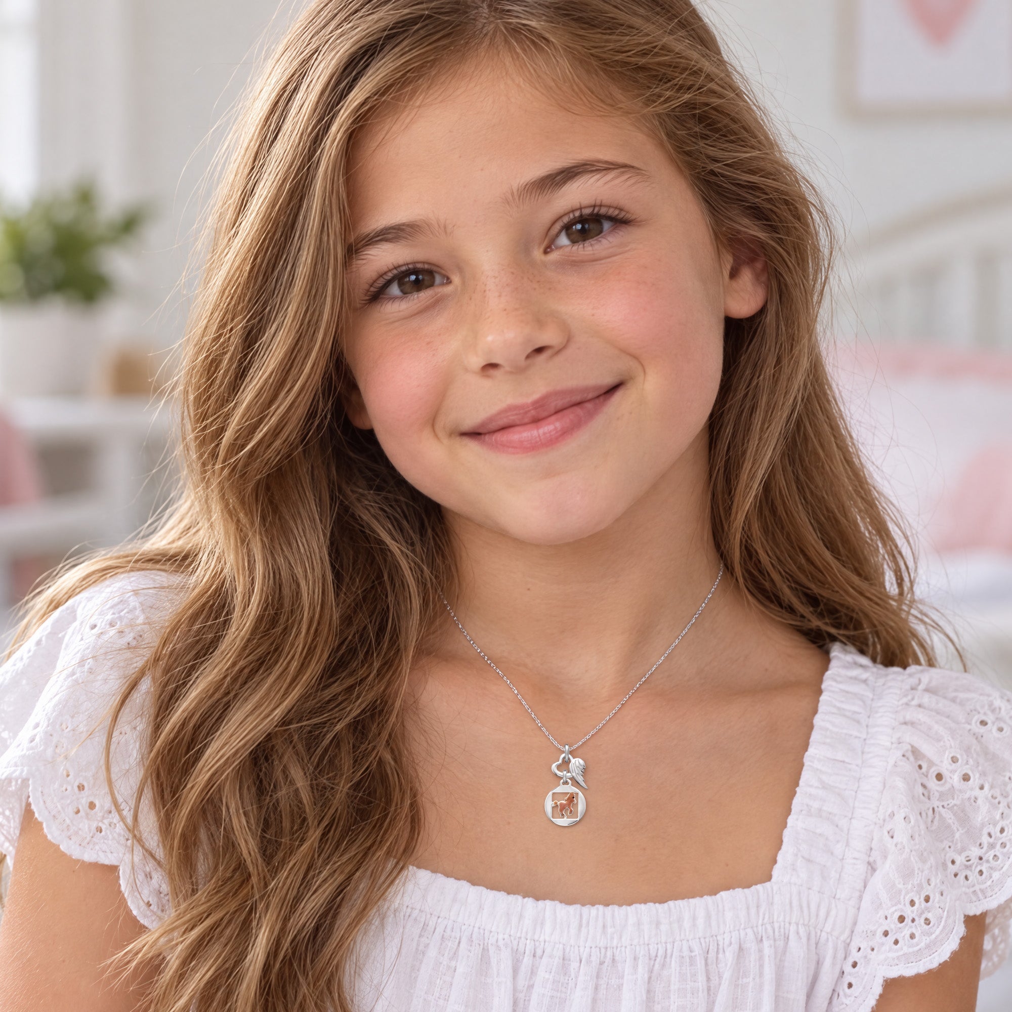 Young girl wearing Herzengel horse heart wing silver children's necklace.