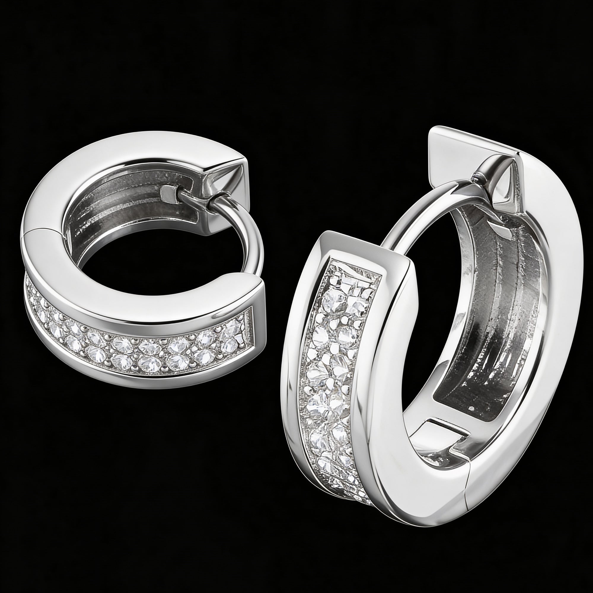 Side view of Engelsrufer mini huggie hoop sterling silver CZ earrings.