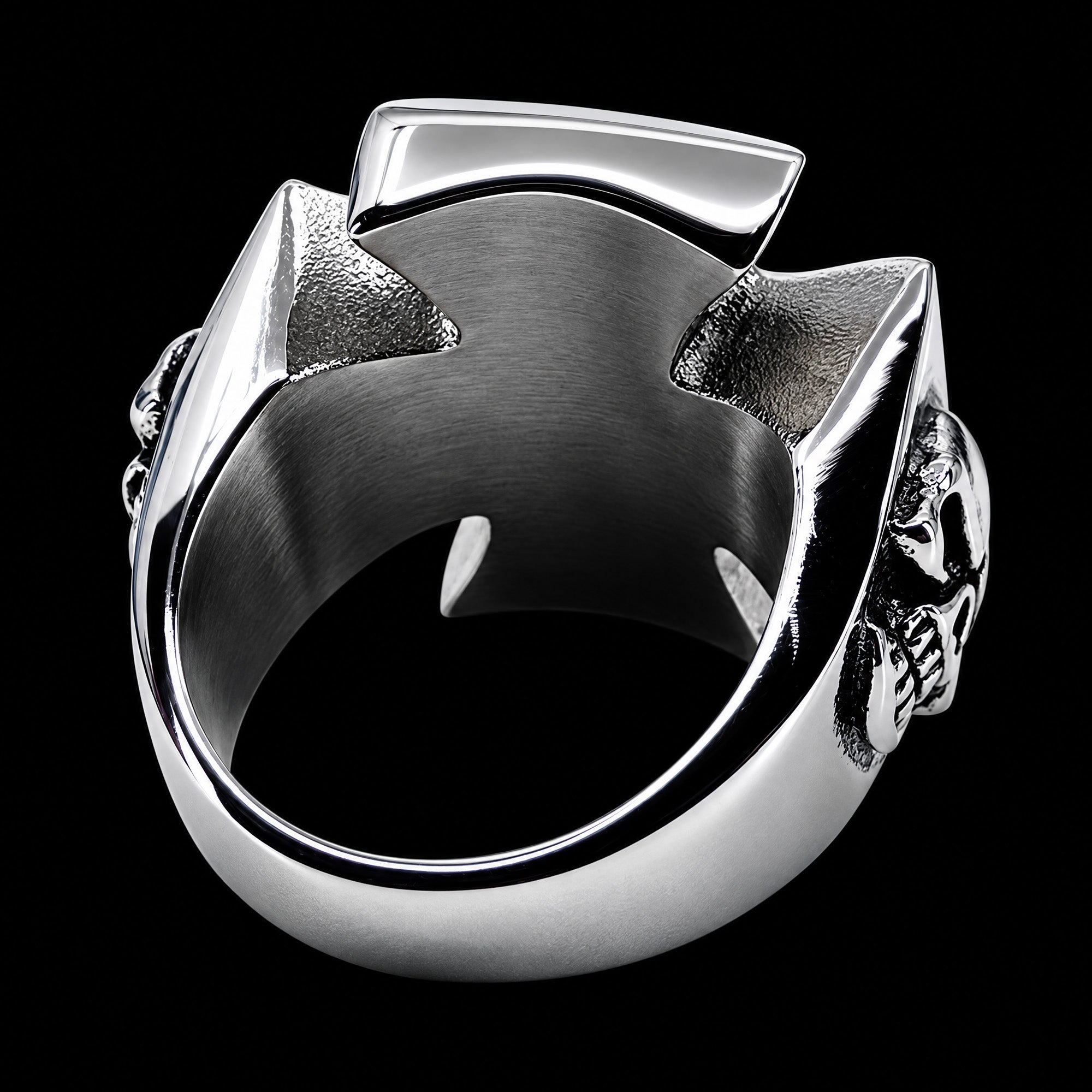 Back view of an Iron Cross skull lucky 13 stainless steel men's ring.