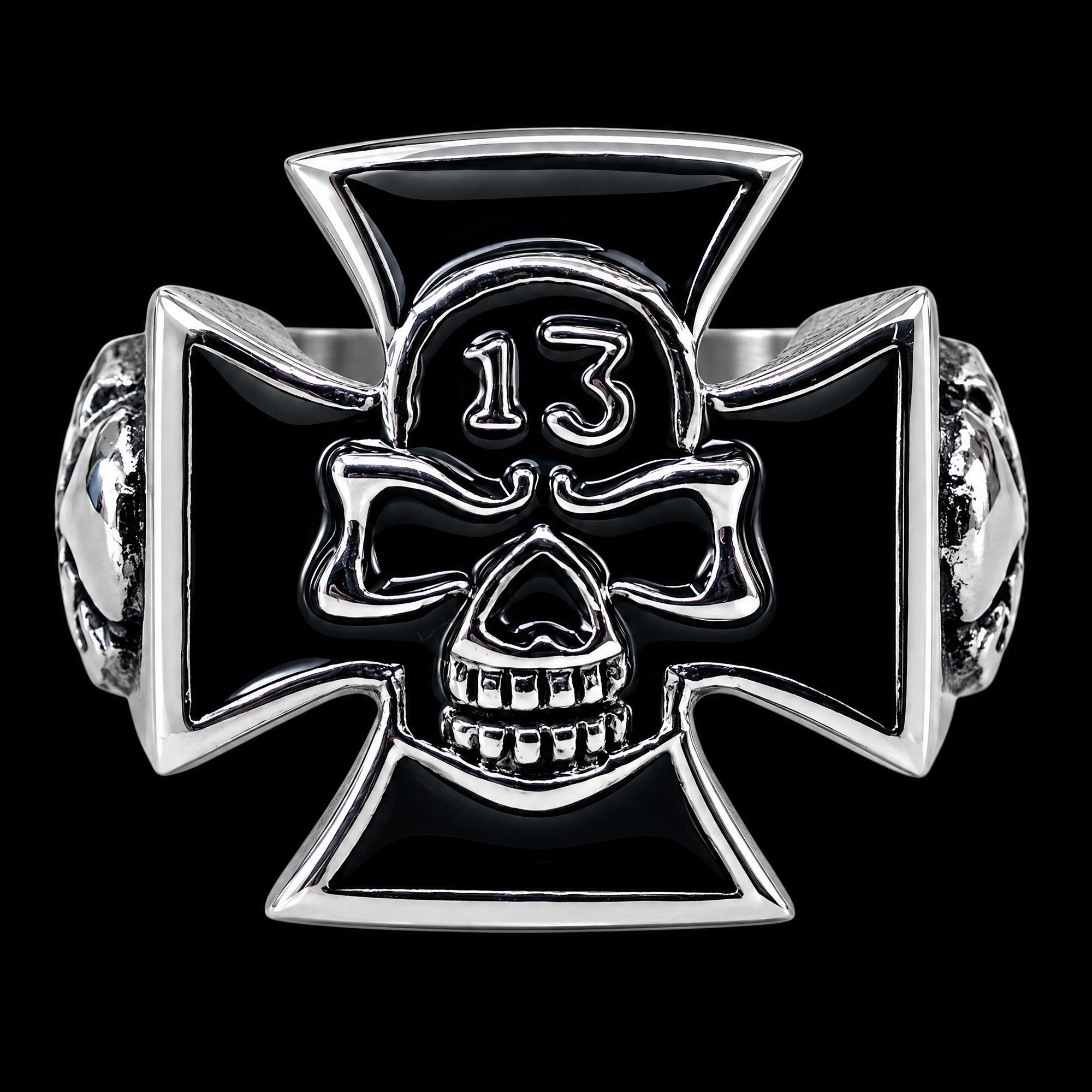 Front view of an Iron Cross skull lucky 13 stainless steel men's ring.