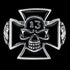 Front view of an Iron Cross skull lucky 13 stainless steel men's ring.