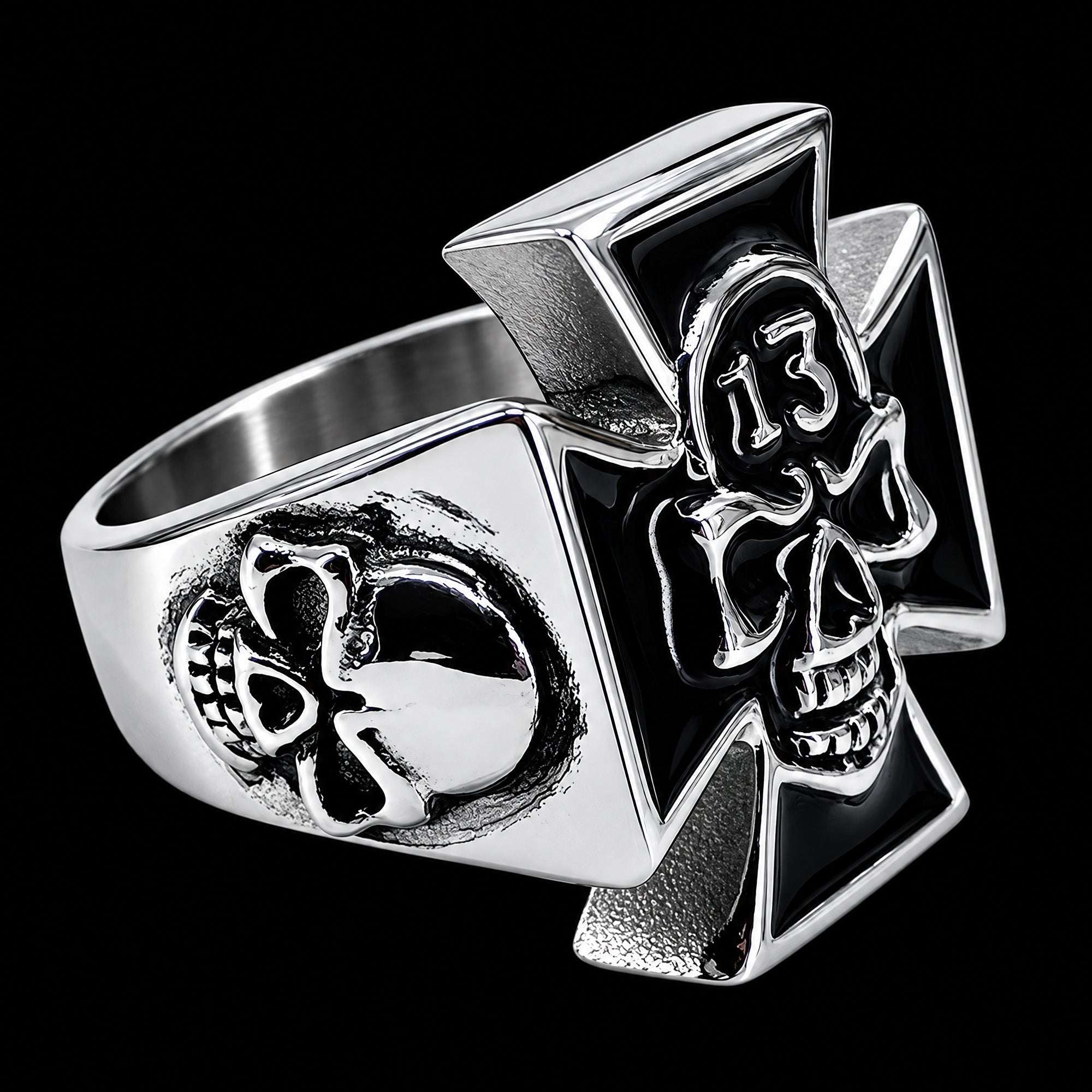 Left side view of an Iron Cross skull lucky 13 stainless steel men's ring.