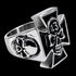 Left side view of an Iron Cross skull lucky 13 stainless steel men's ring.
