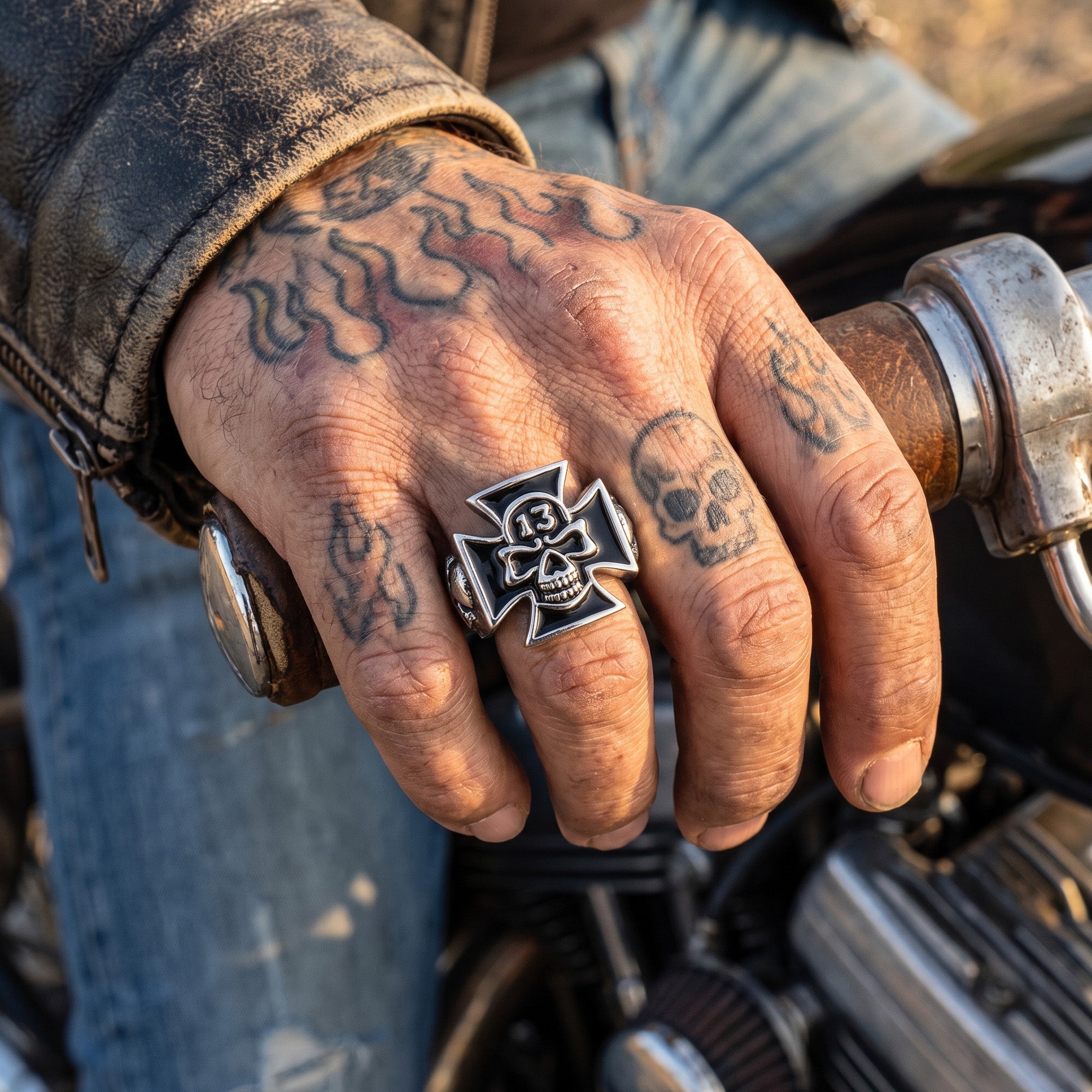 Close-up of a biker's hand on a motorcycle throttle wearing an Iron Cross skull lucky 13 stainless steel ring.