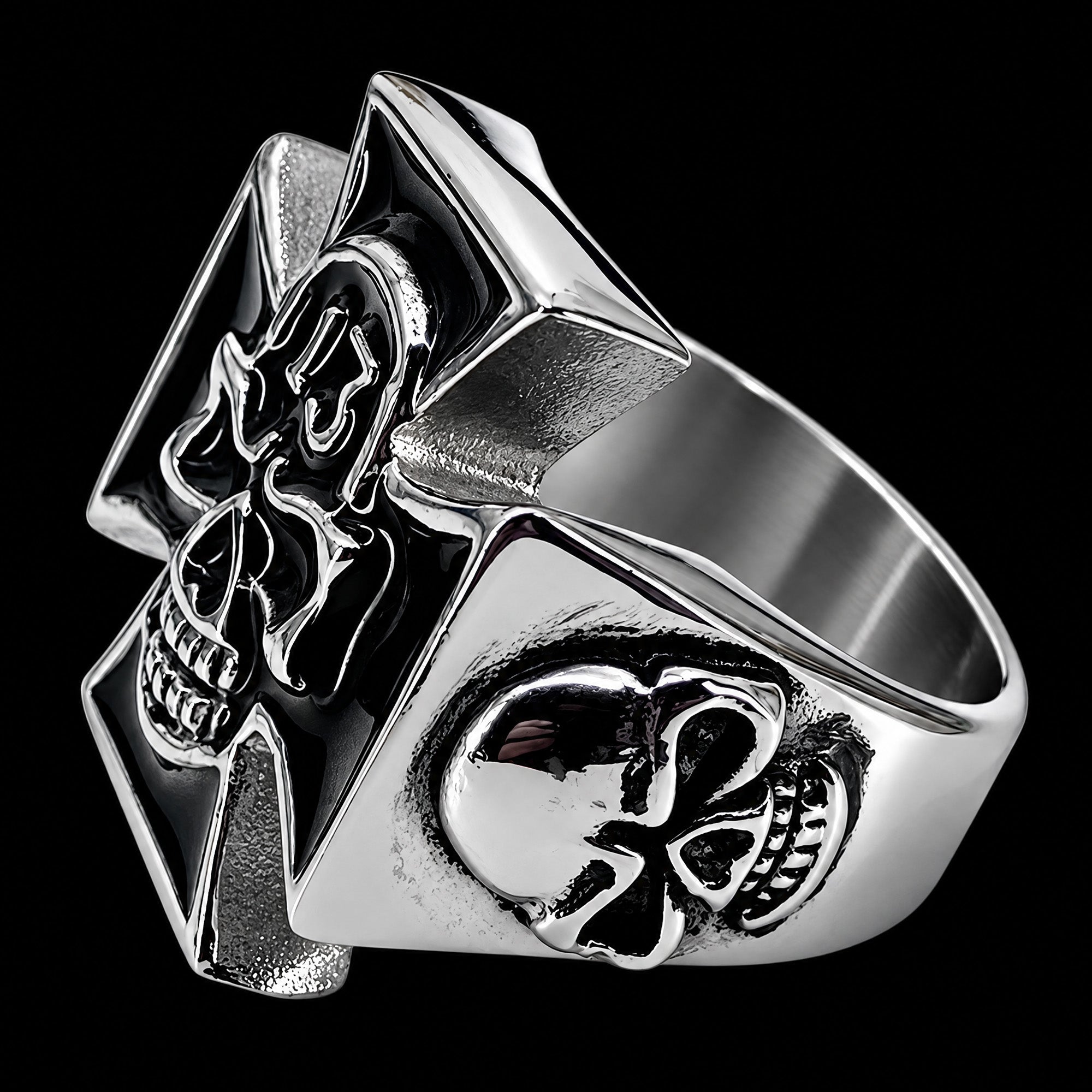 Right side view of an Iron Cross skull lucky 13 stainless steel men's ring.