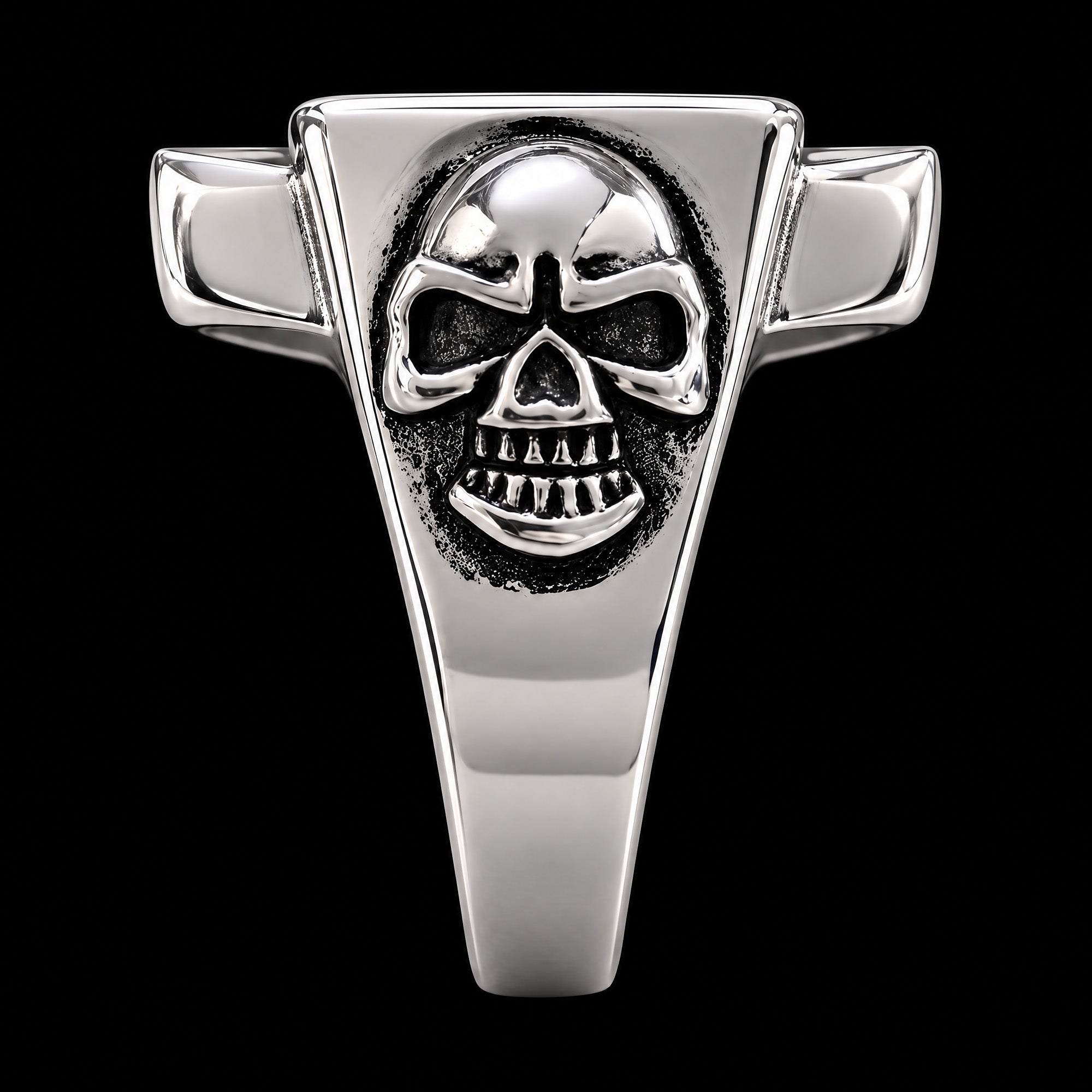 Side shank view of an Iron Cross skull lucky 13 stainless steel men's ring.