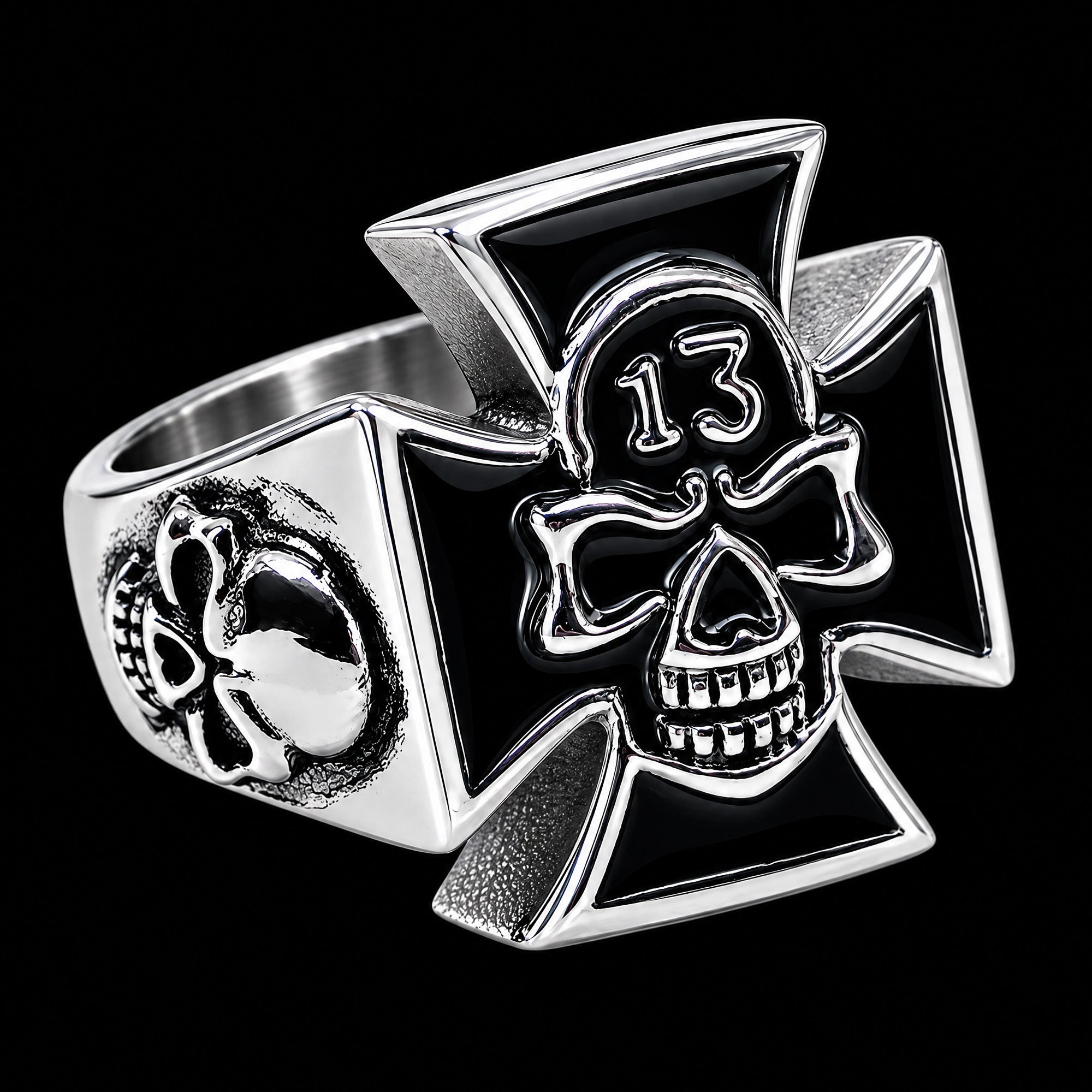 Iron Cross Skull Lucky 13 Stainless Steel Biker's Ring