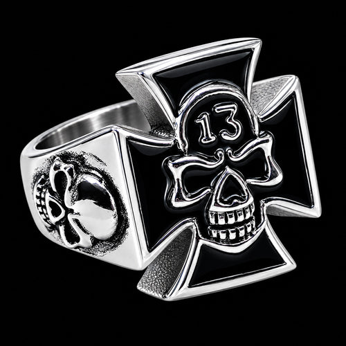 Iron Cross Skull Lucky 13 Stainless Steel Biker's Ring