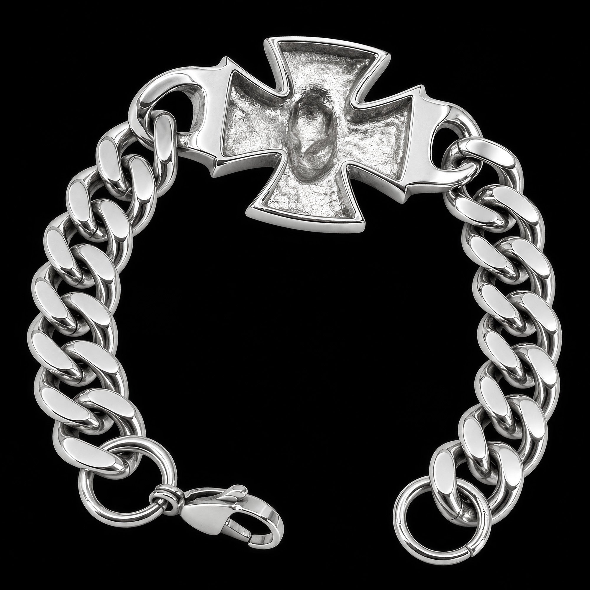 Back view of an Iron Cross skull Cuban link stainless steel bracelet.