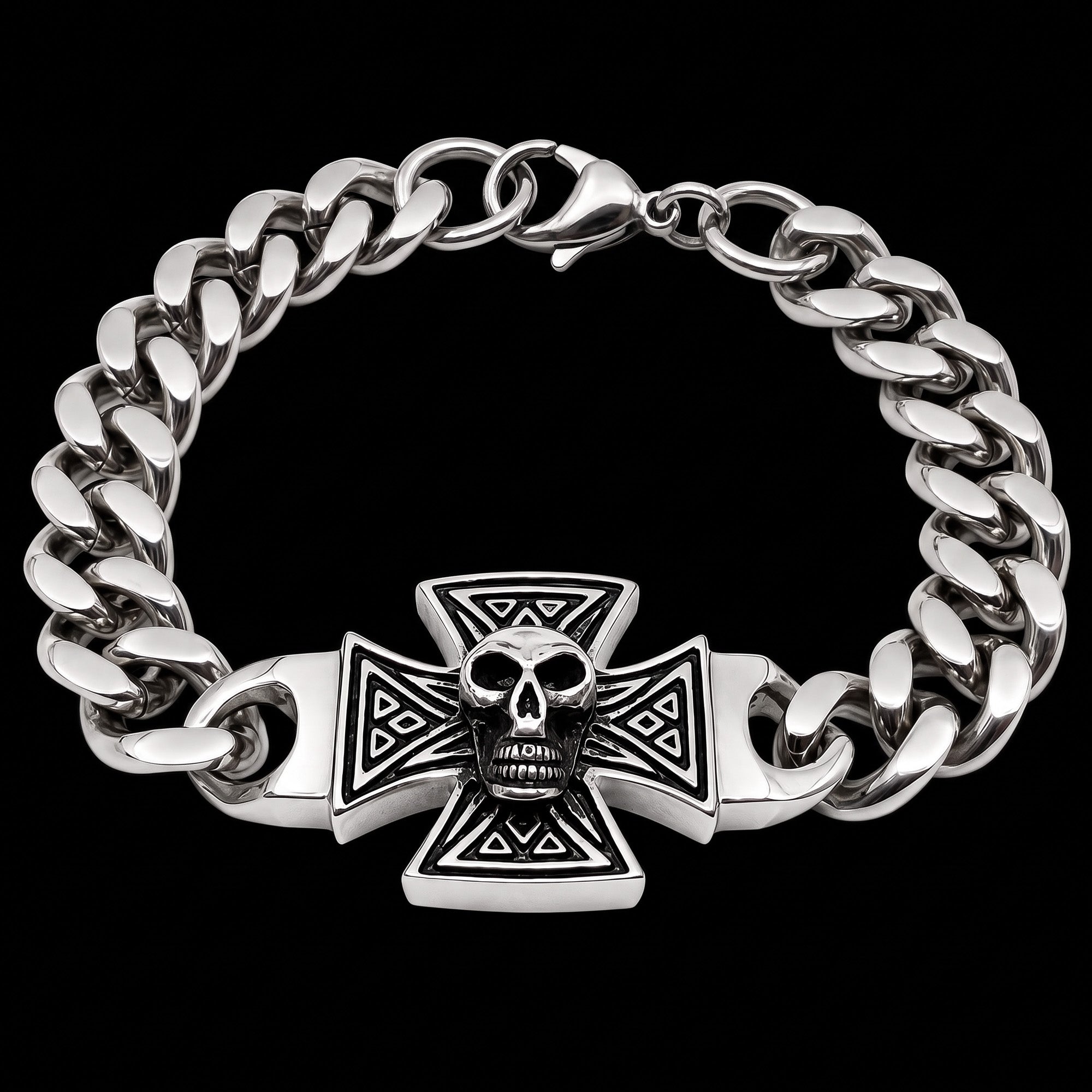 An Iron Cross skull Cuban link stainless steel bracelet showing secure clasp closure.