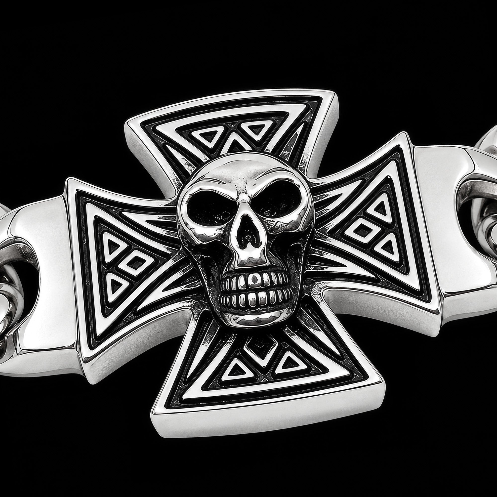 Close-up of an Iron Cross skull Cuban link stainless steel bracelet.