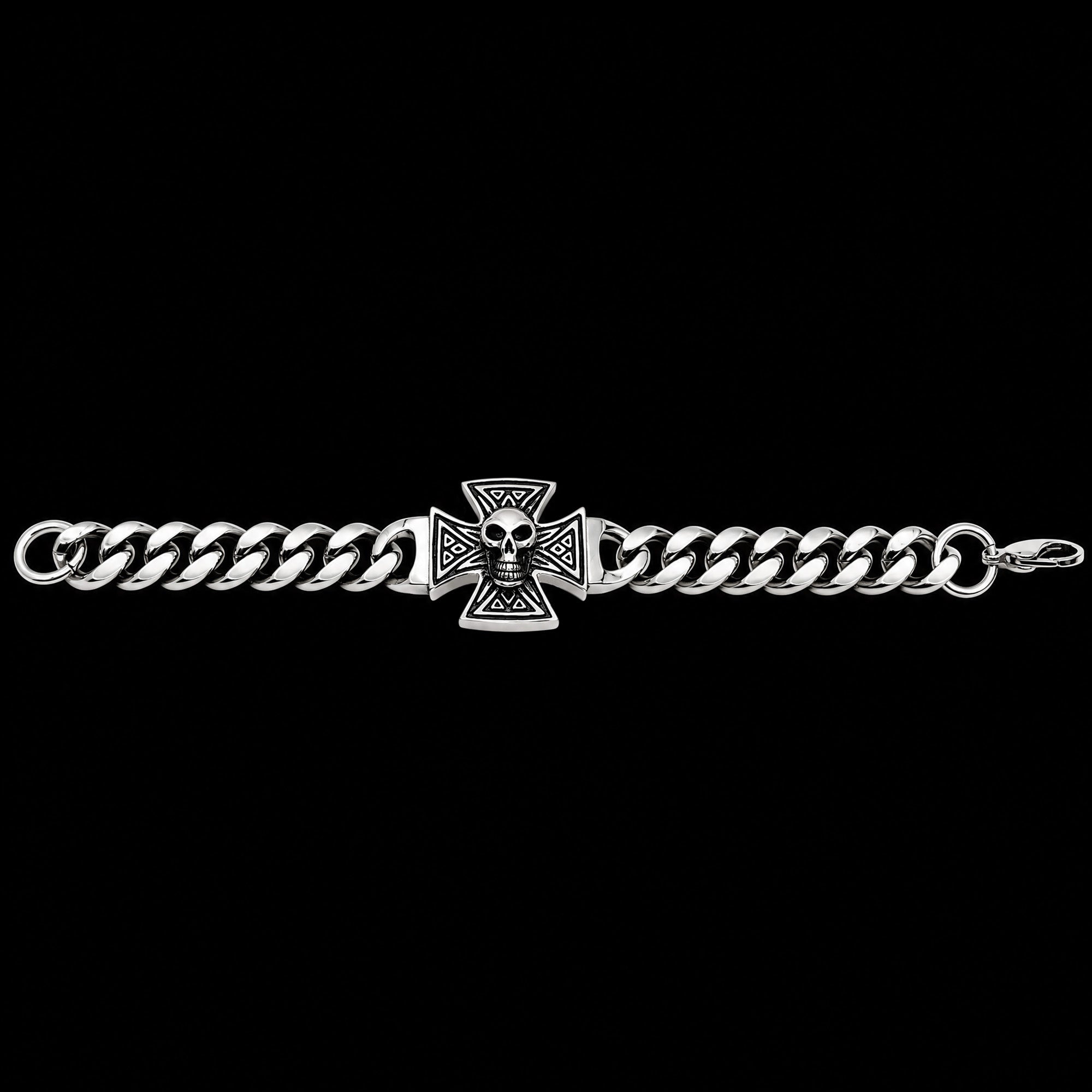 Full length view of an Iron Cross skull Cuban link stainless steel bracelet.