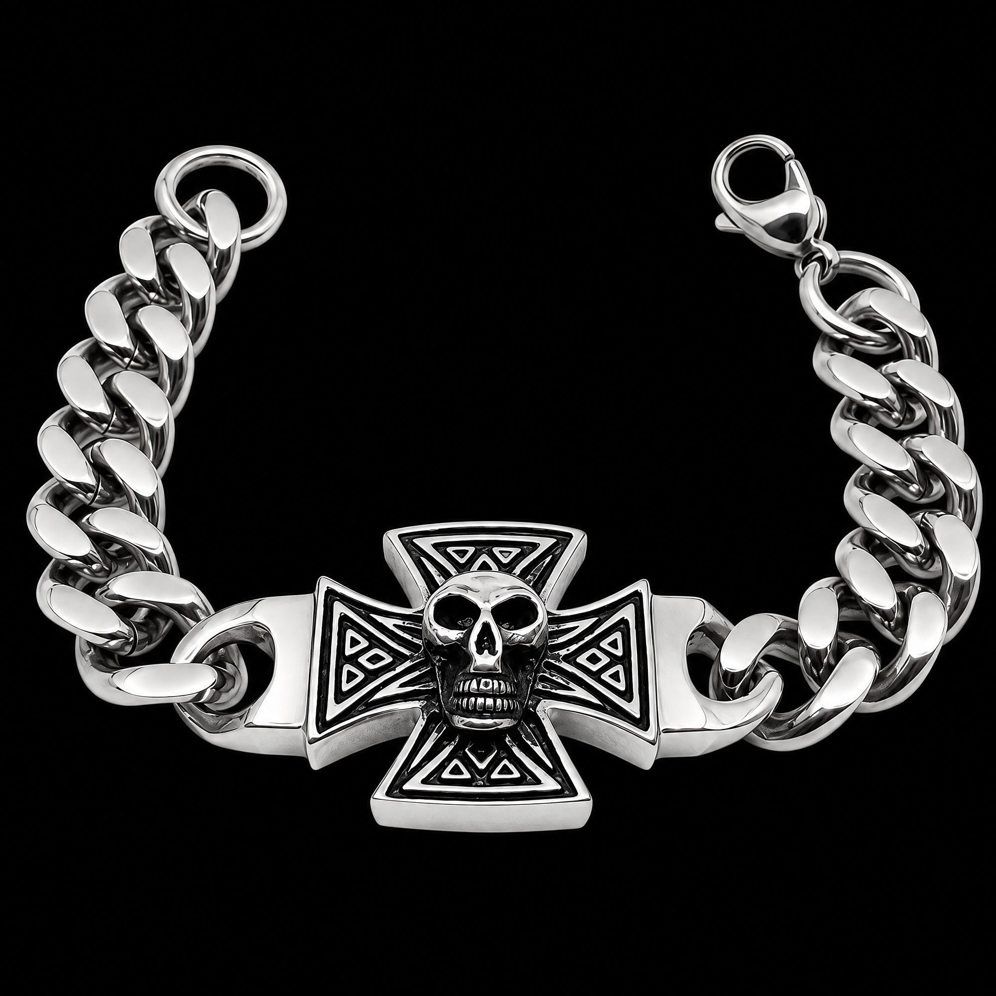 Iron Cross Skull Cuban Link Men's Stainless Steel Bracelet