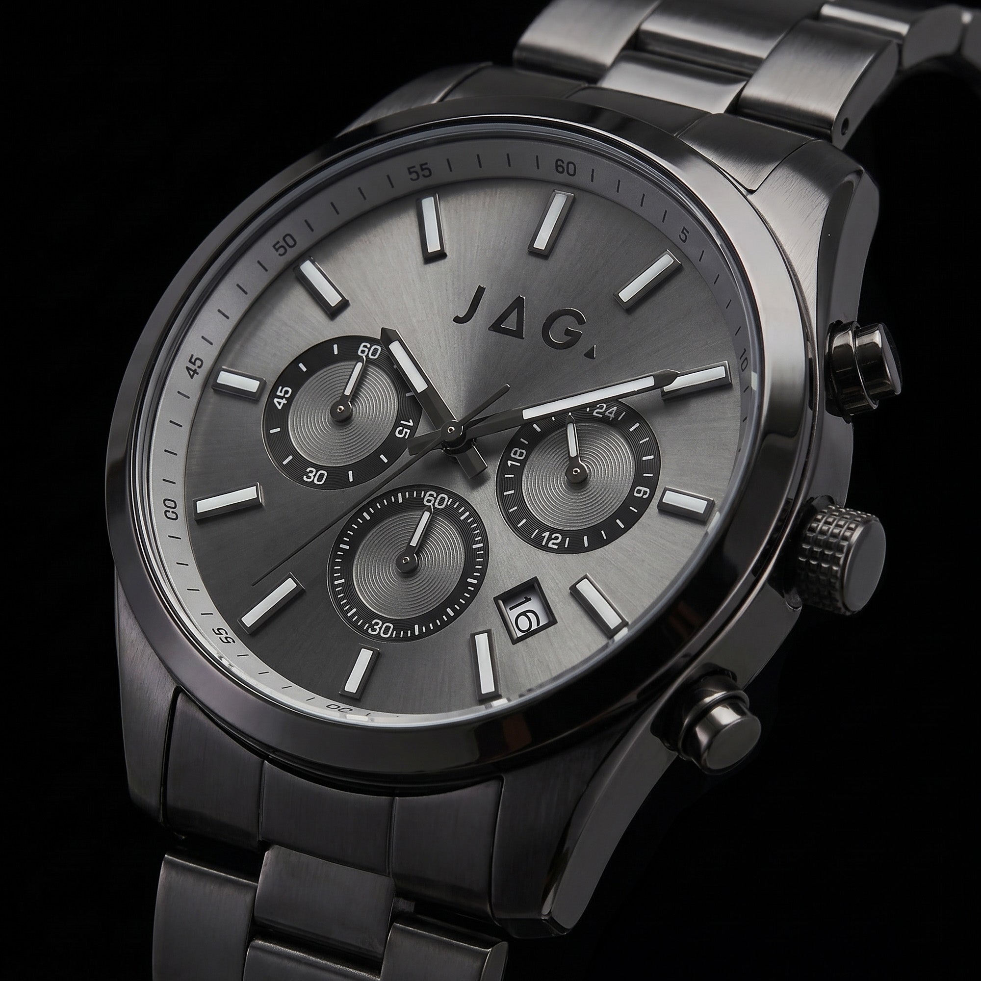 Dial close-up of a JAG Acton men's all black watch.