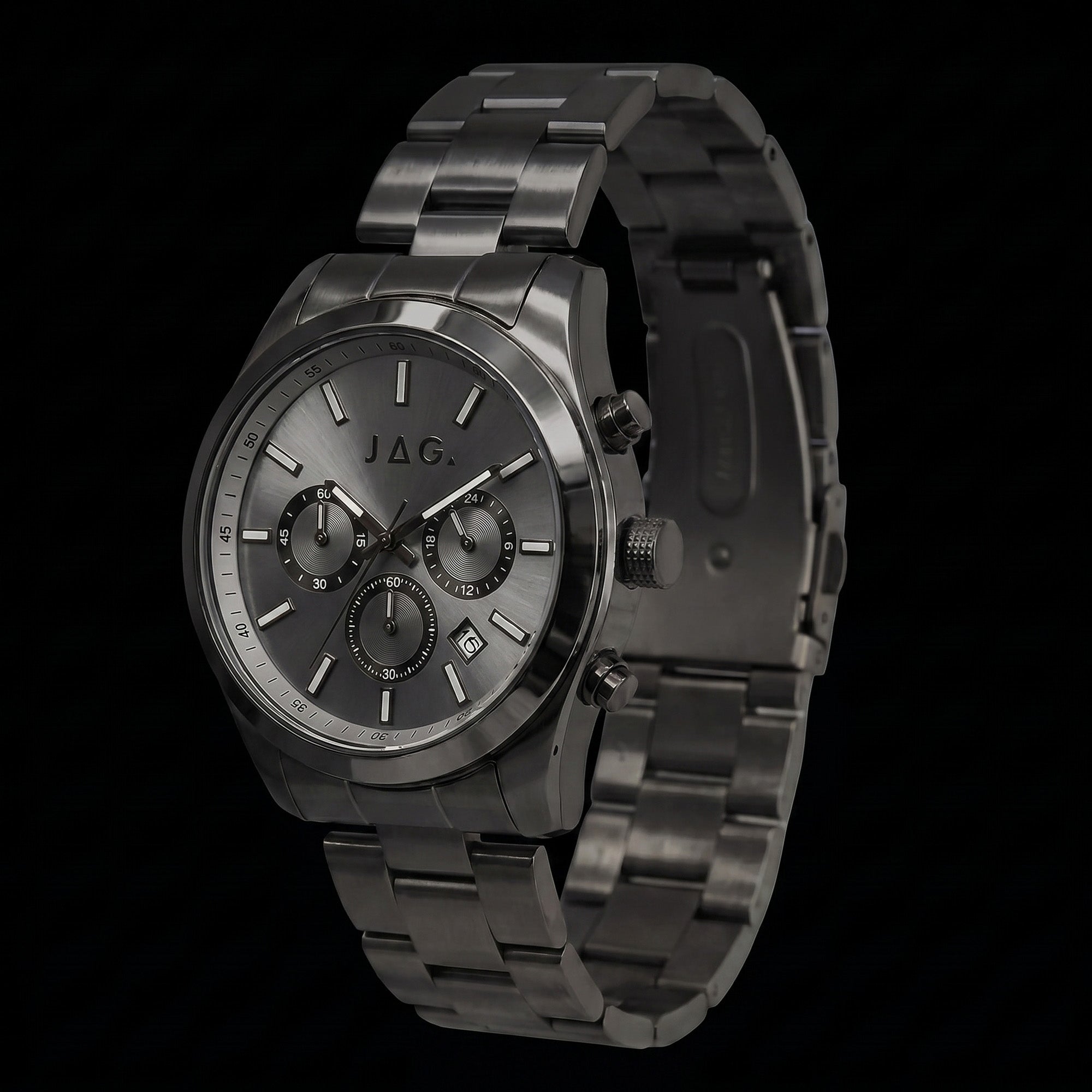 Side tilt view of JAG Acton men's all black watch.