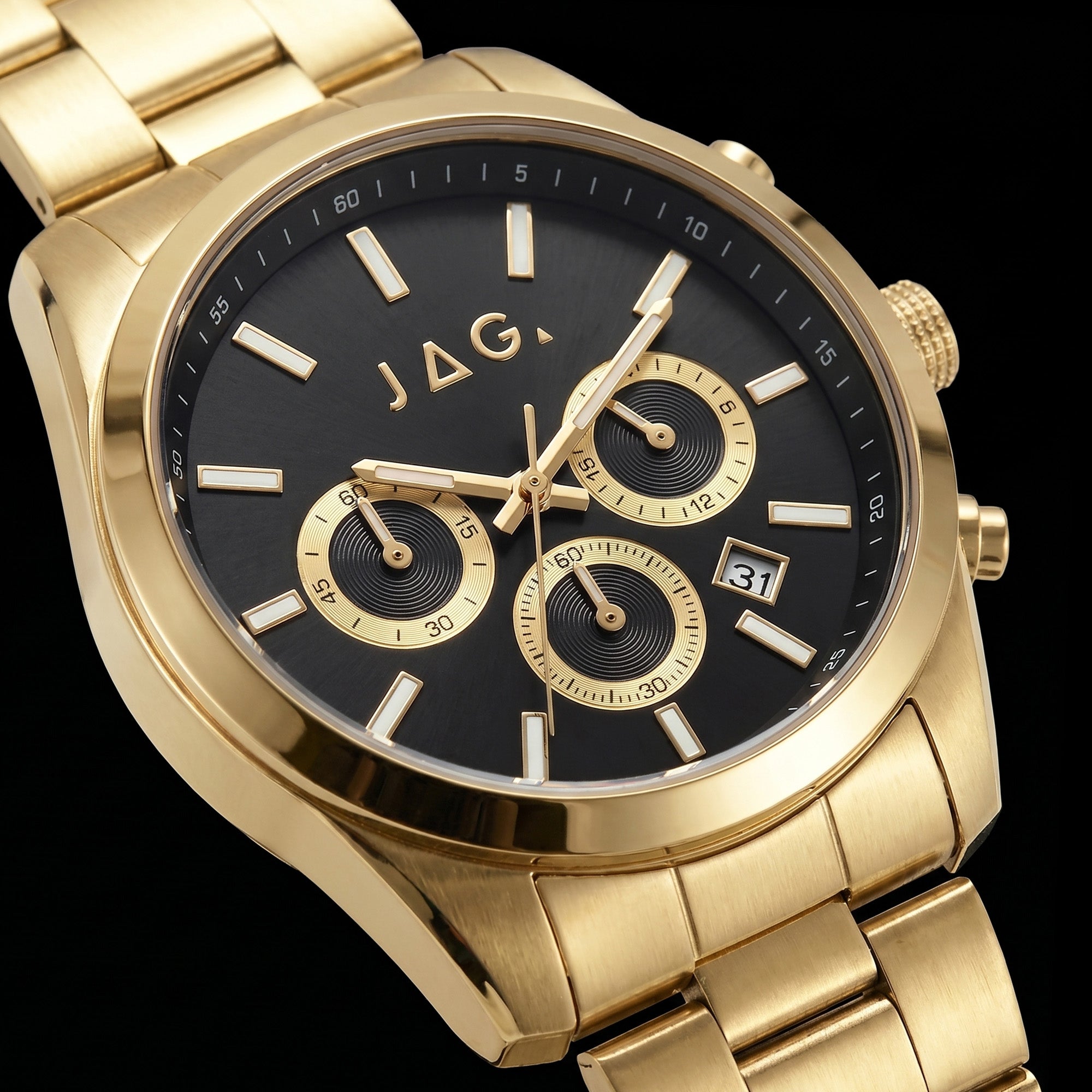 Dial close-up of a JAG Acton men's black dial gold watch.