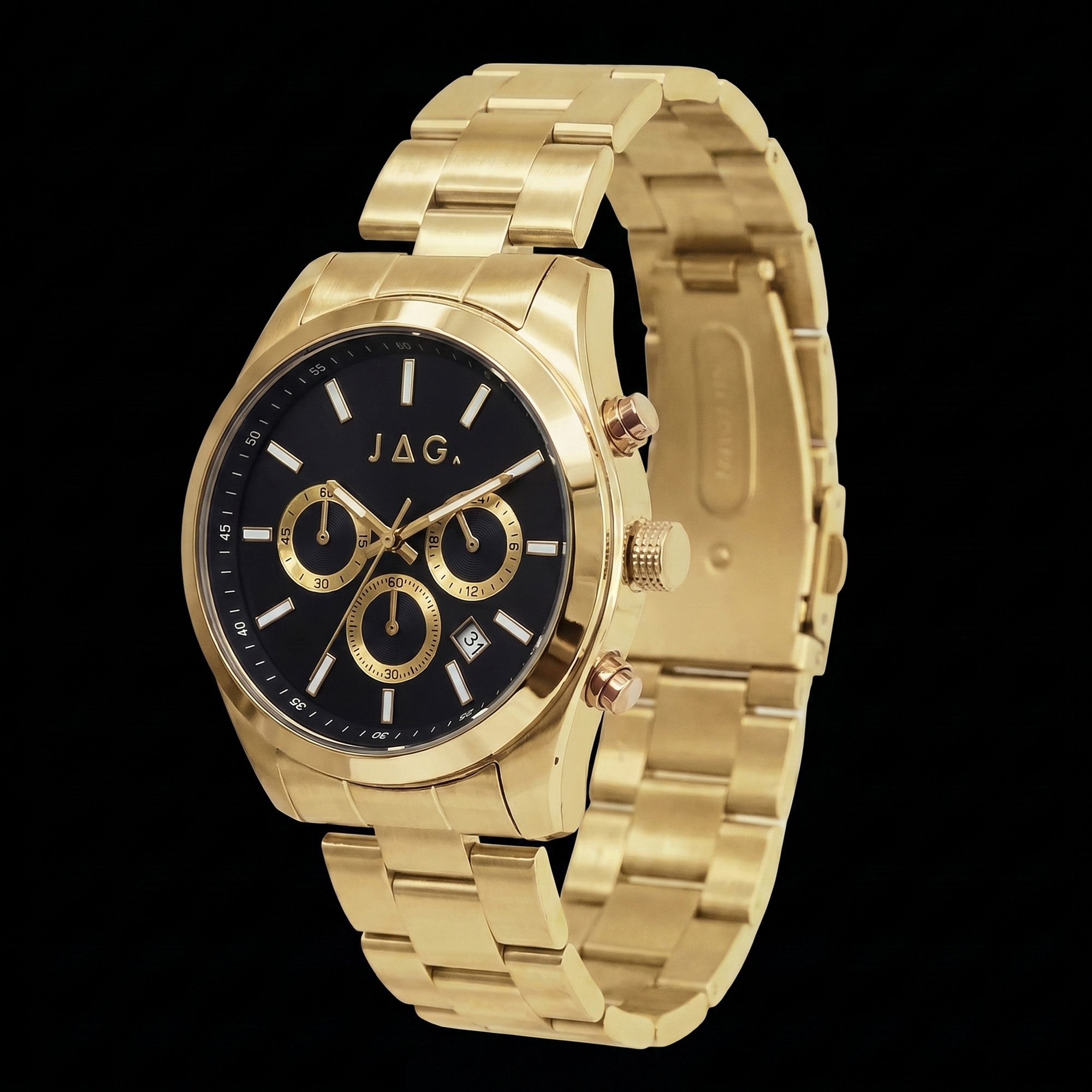 Side tilt view of JAG Acton men's black dial gold watch.