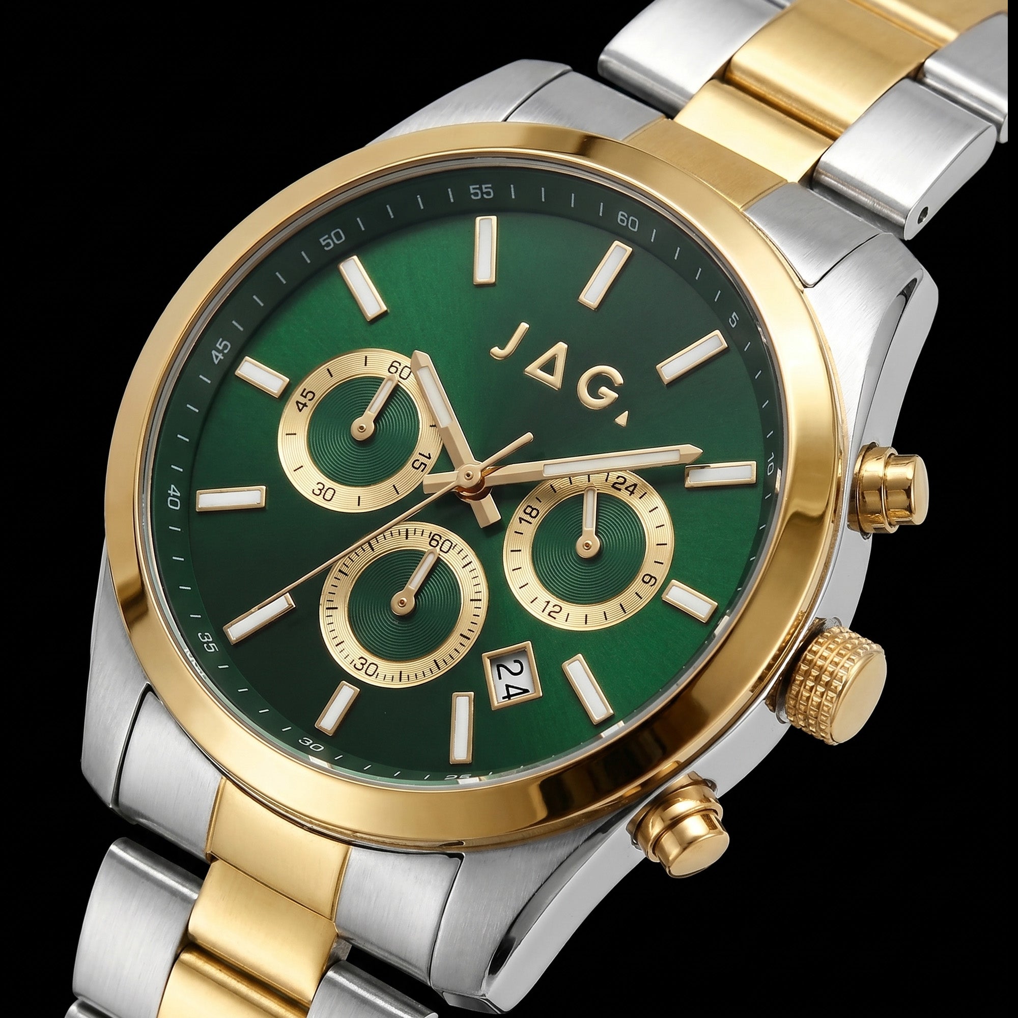 Dial close-up of a JAG Acton men's green dial two-tone watch.