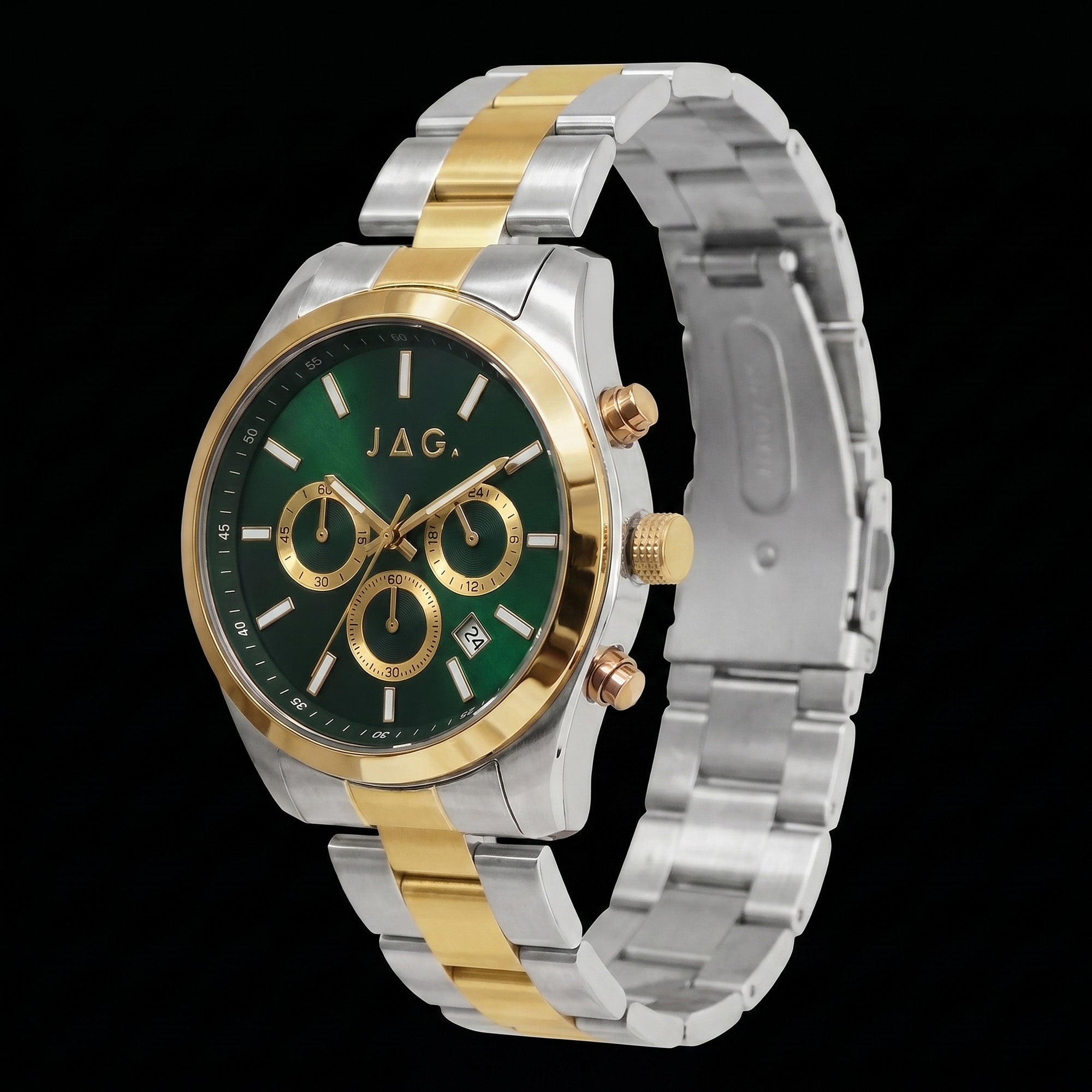 Side tilt view of JAG Acton men's green dial two-tone watch.