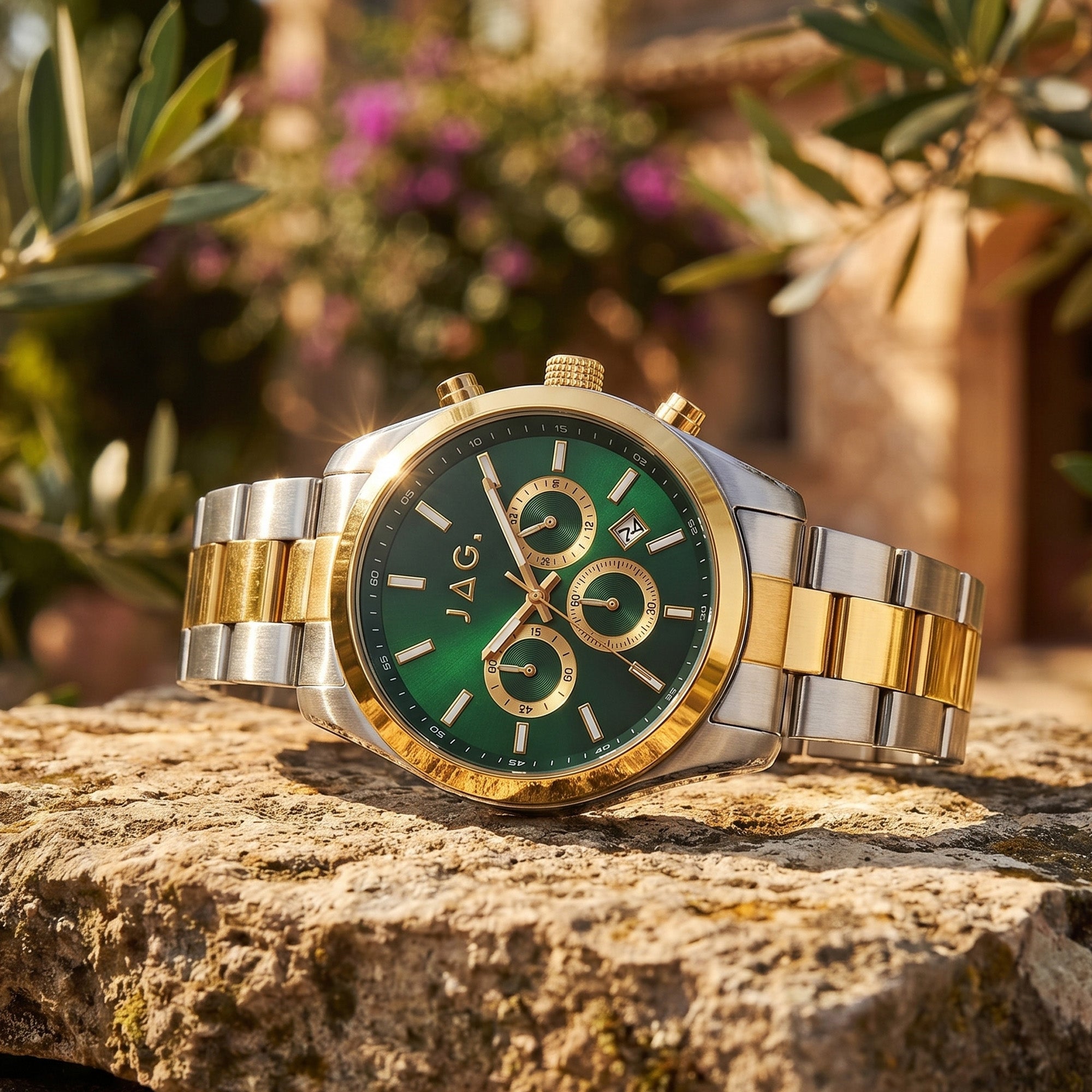 JAG Acton men's green dial two-tone watch sitting on a rock ledge in a courtyard garden