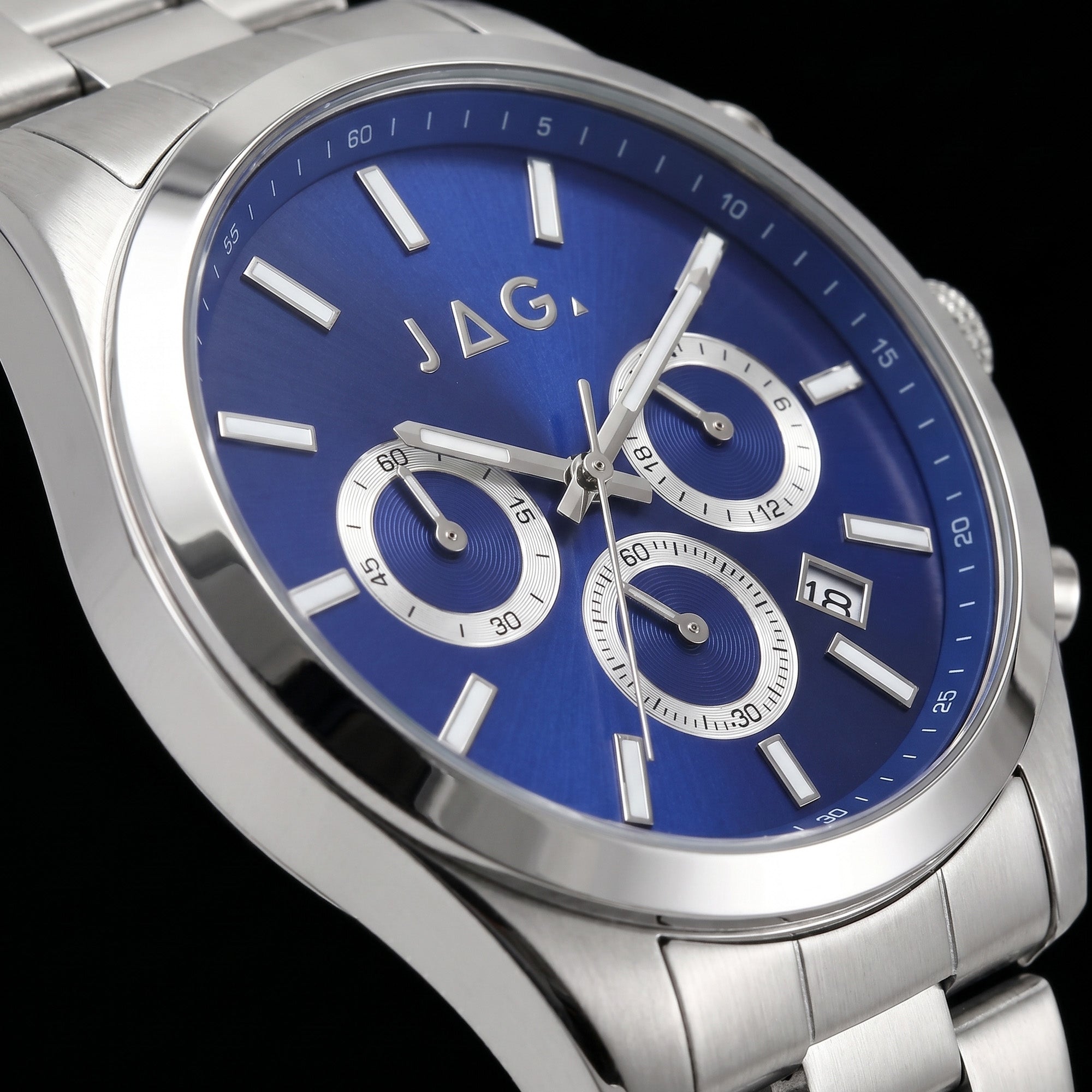 Dial close-up of a JAG Acton men's blue dial silver watch.