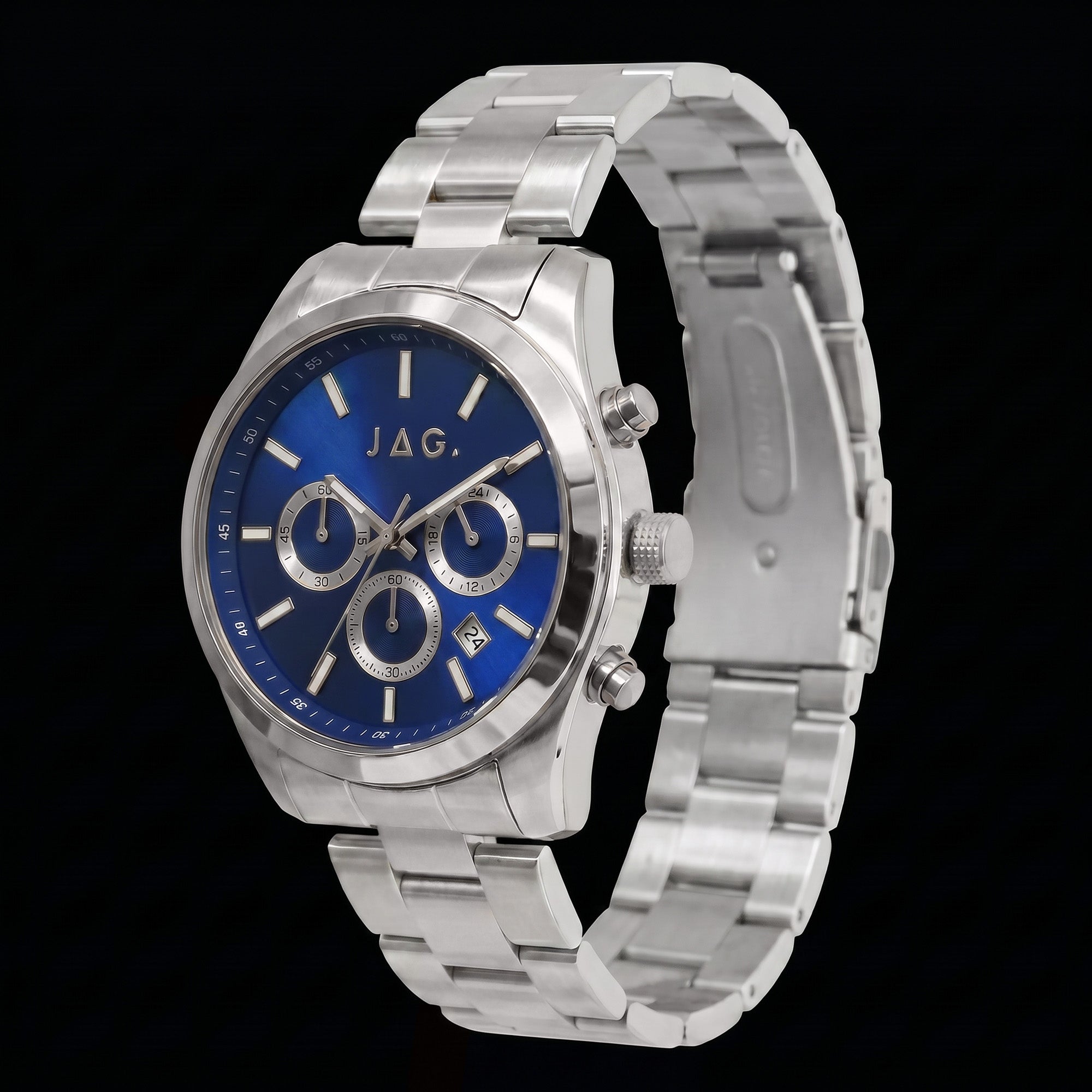 Side tilt view of JAG Acton men's blue dial silver watch.