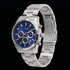 Side tilt view of JAG Acton men's blue dial silver watch.
