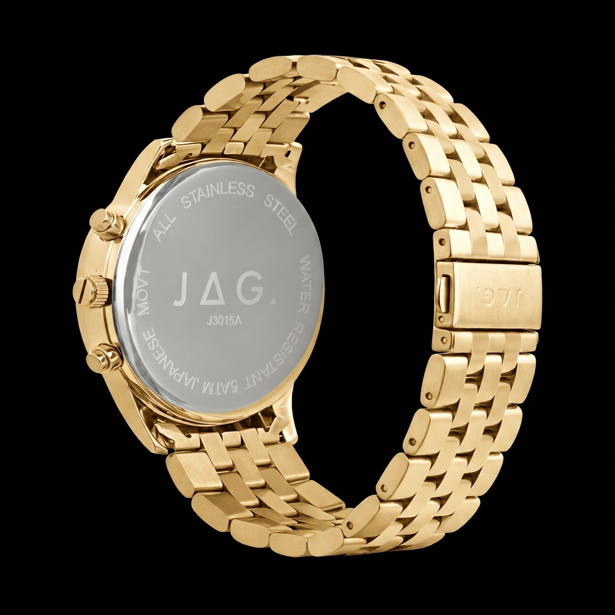 Back view of JAG Albany men's black dial gold watch.